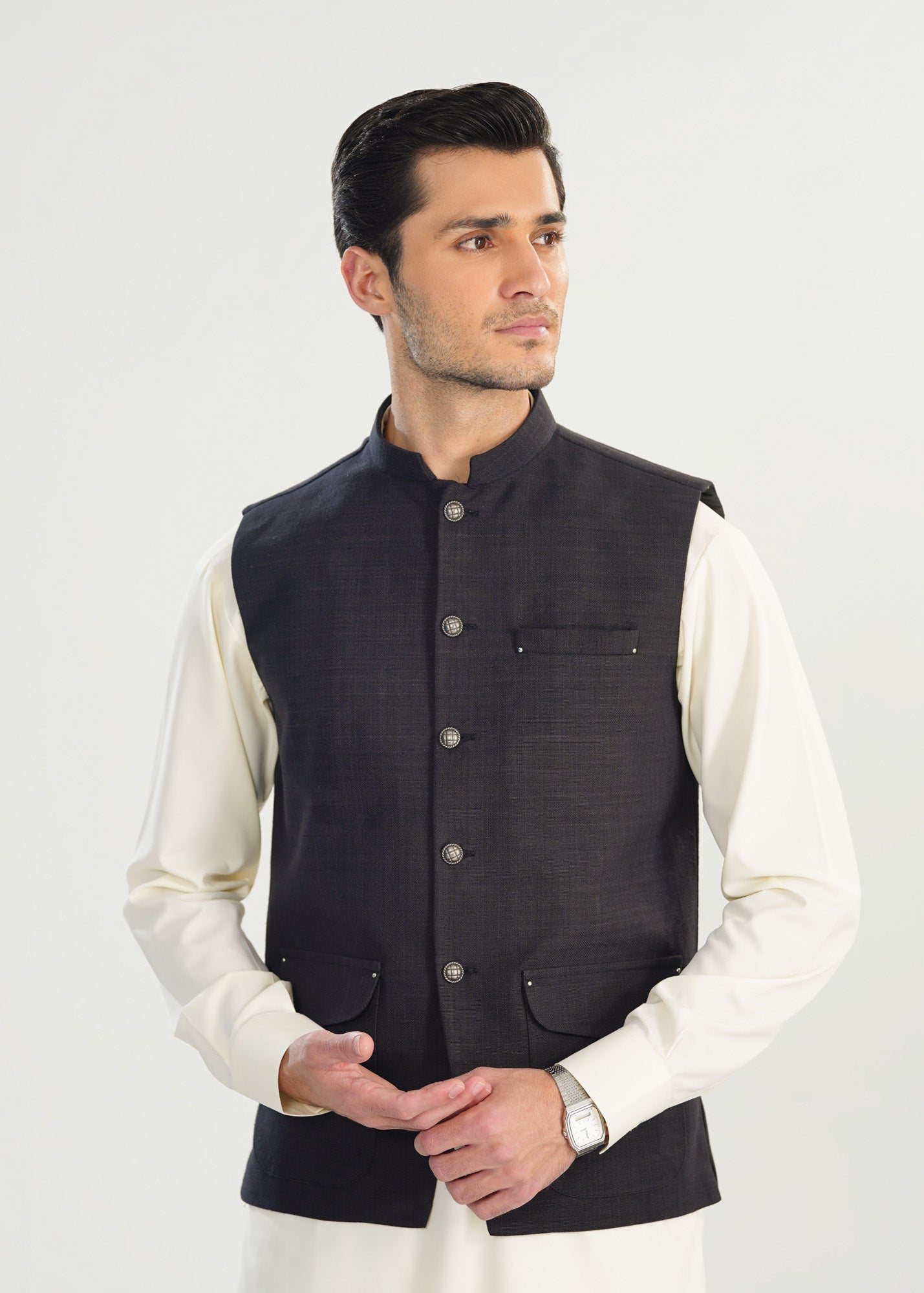 Bosky White Kurta Shalwar with Black Khaddar Waistcoat - A-Line Cut - Men