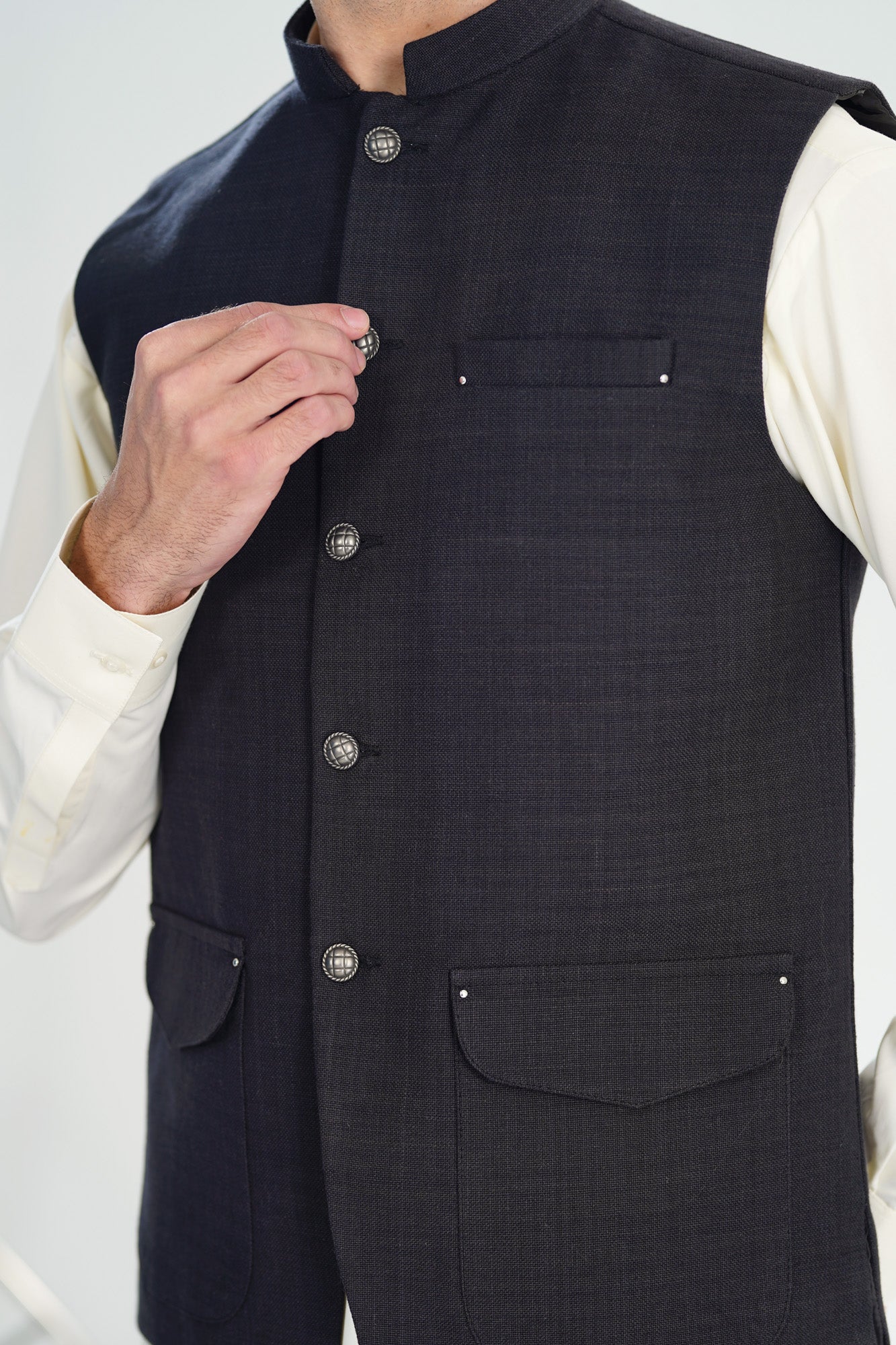 Bosky White Kurta Shalwar with Black Khaddar Waistcoat - A-Line Cut - Men