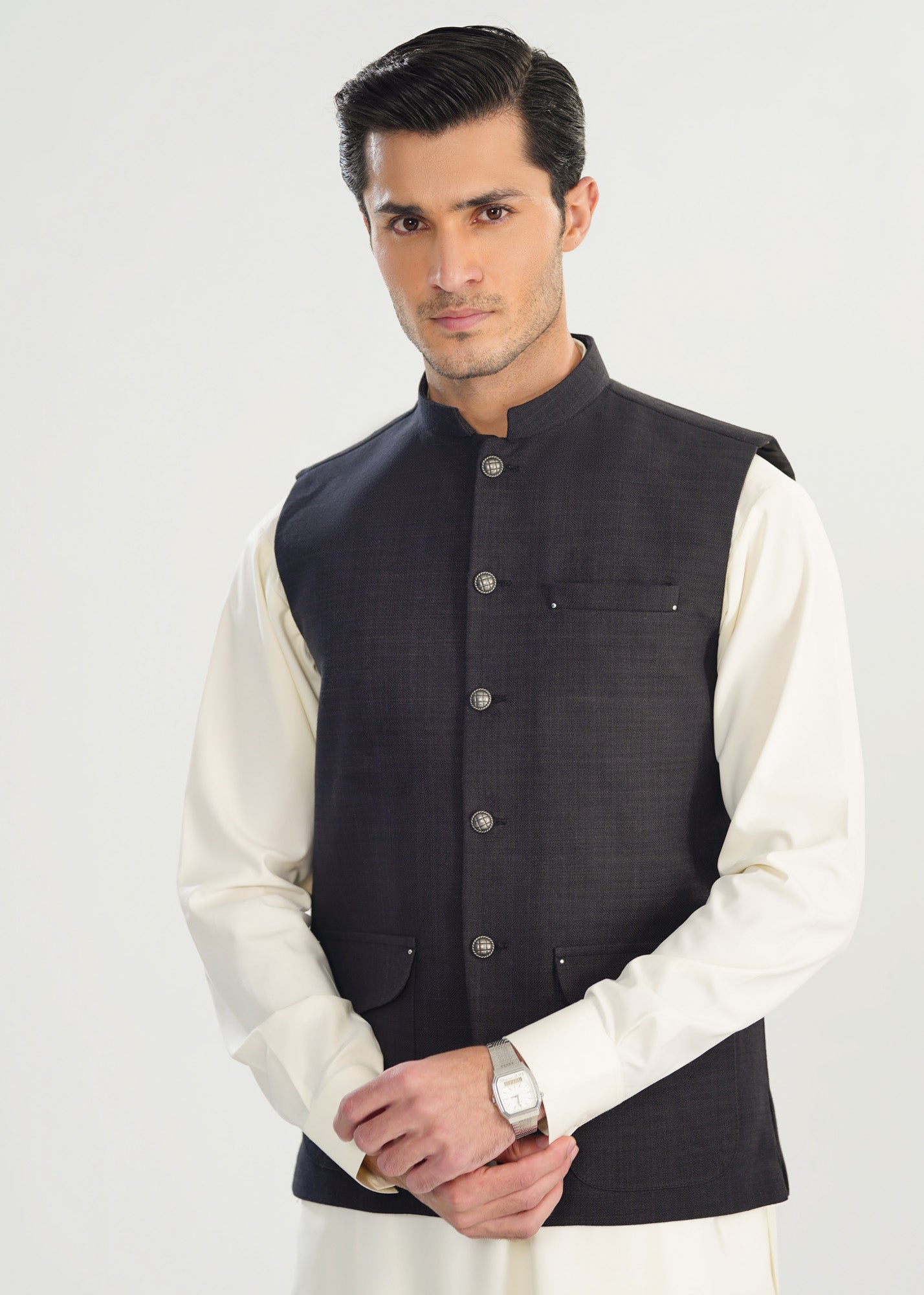 Bosky White Kurta Shalwar with Black Khaddar Waistcoat - A-Line Cut - Men