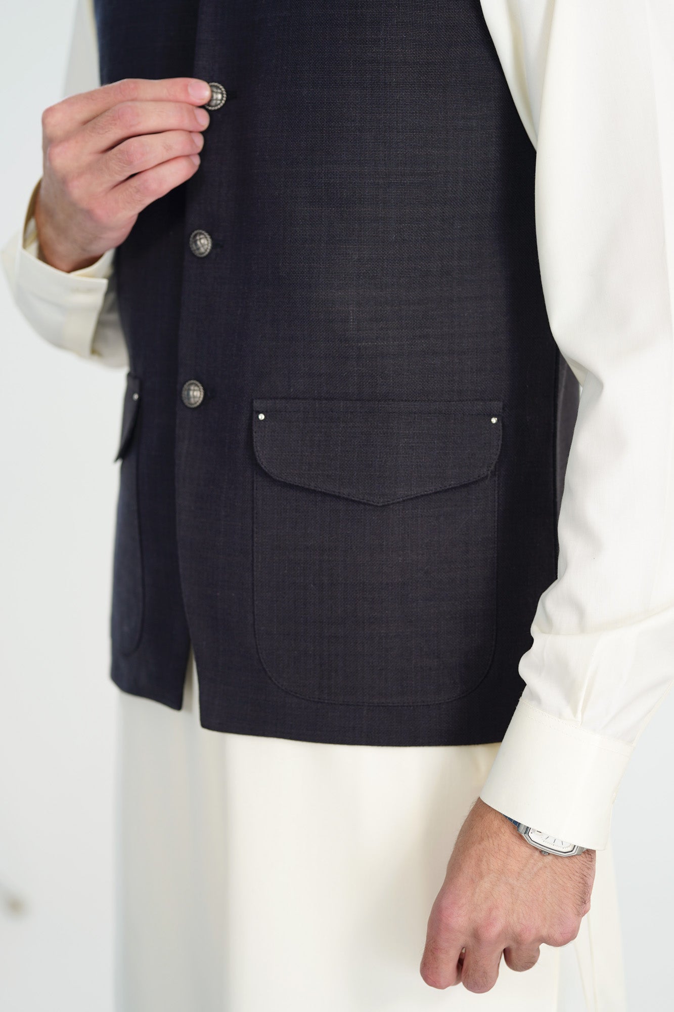 Bosky White Kurta Shalwar with Black Khaddar Waistcoat - A-Line Cut - Men