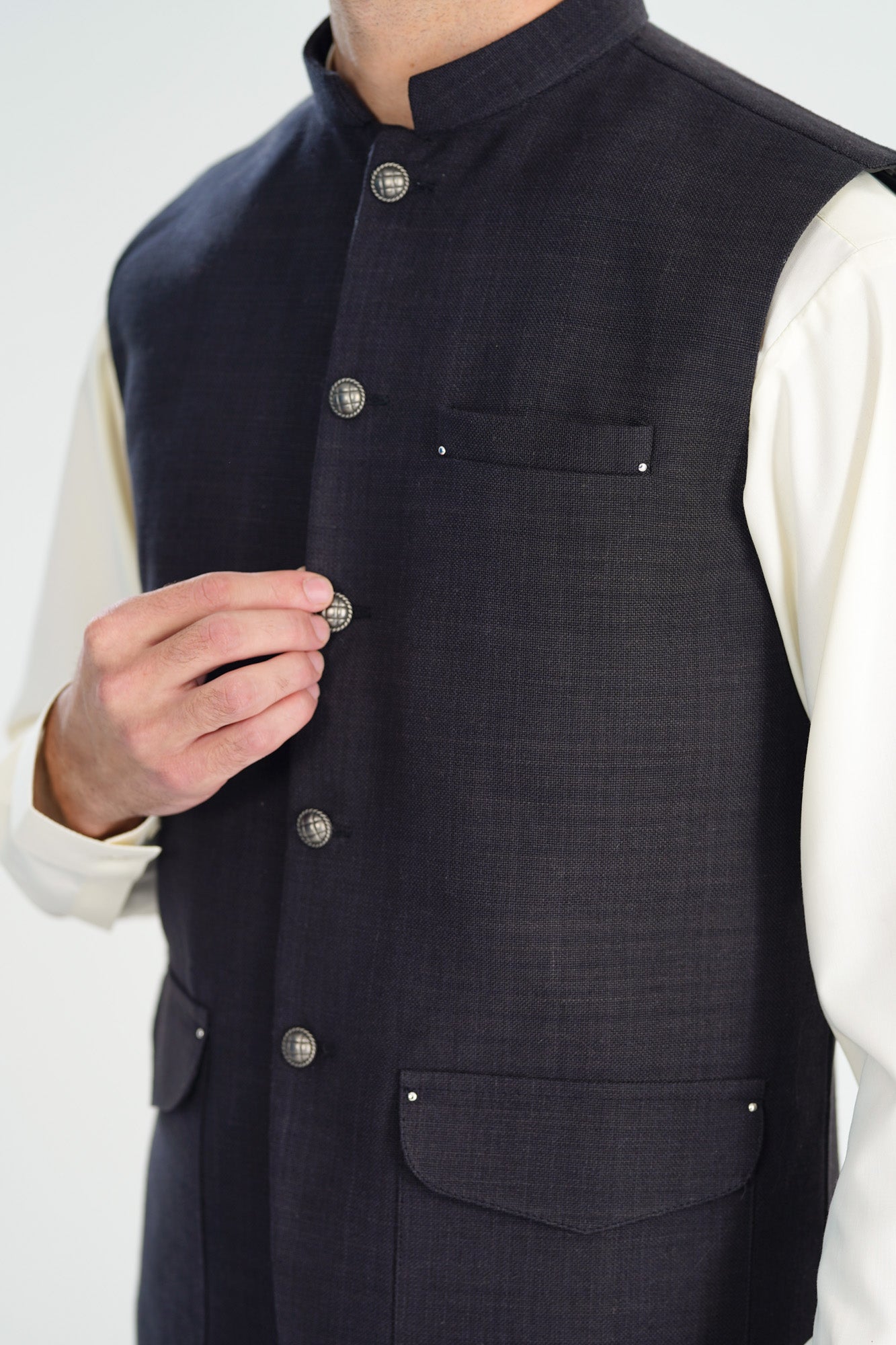 Bosky White Kurta Shalwar with Black Khaddar Waistcoat - A-Line Cut - Men