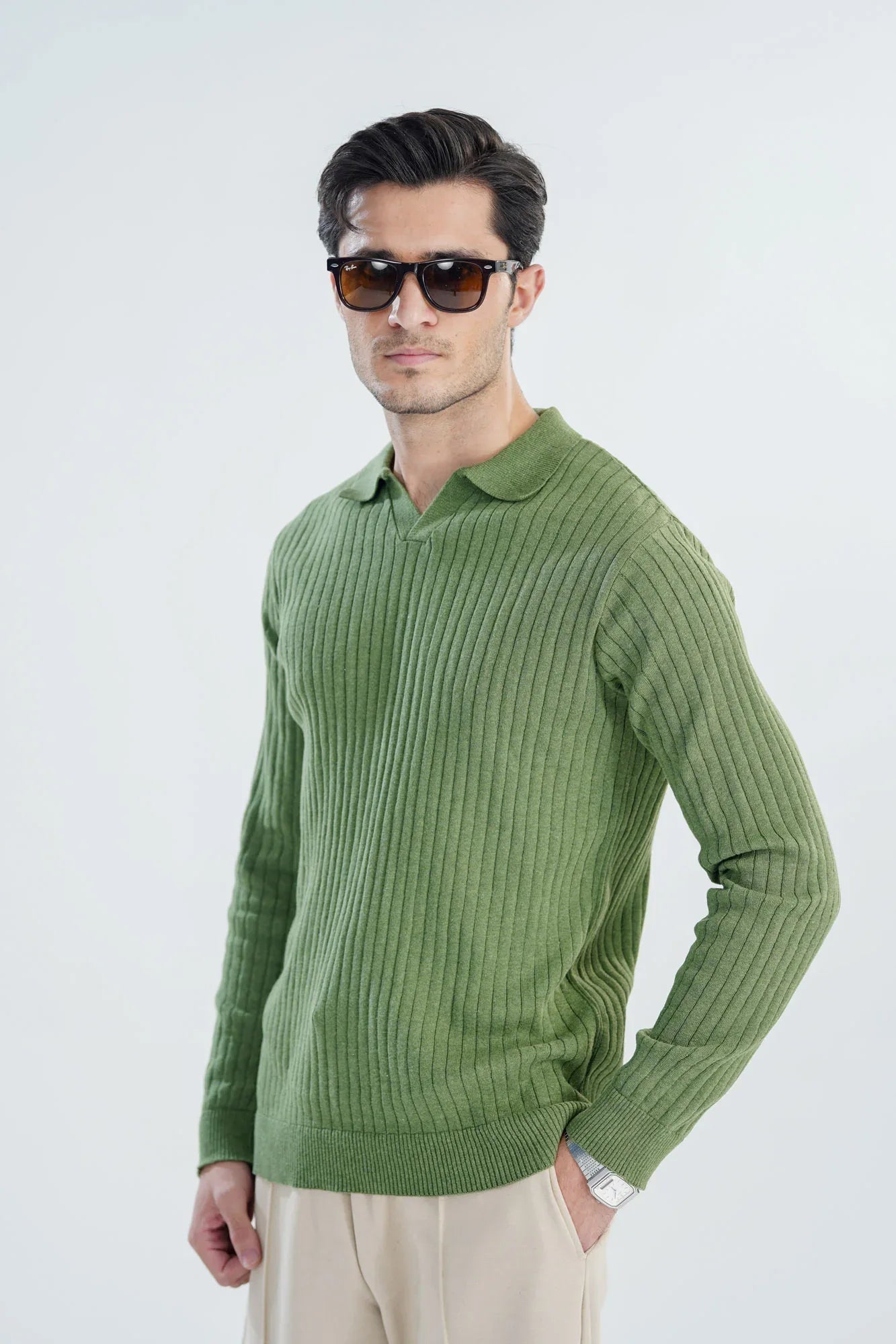 Olive Green Knitted Polo - Full Sleeves - Men