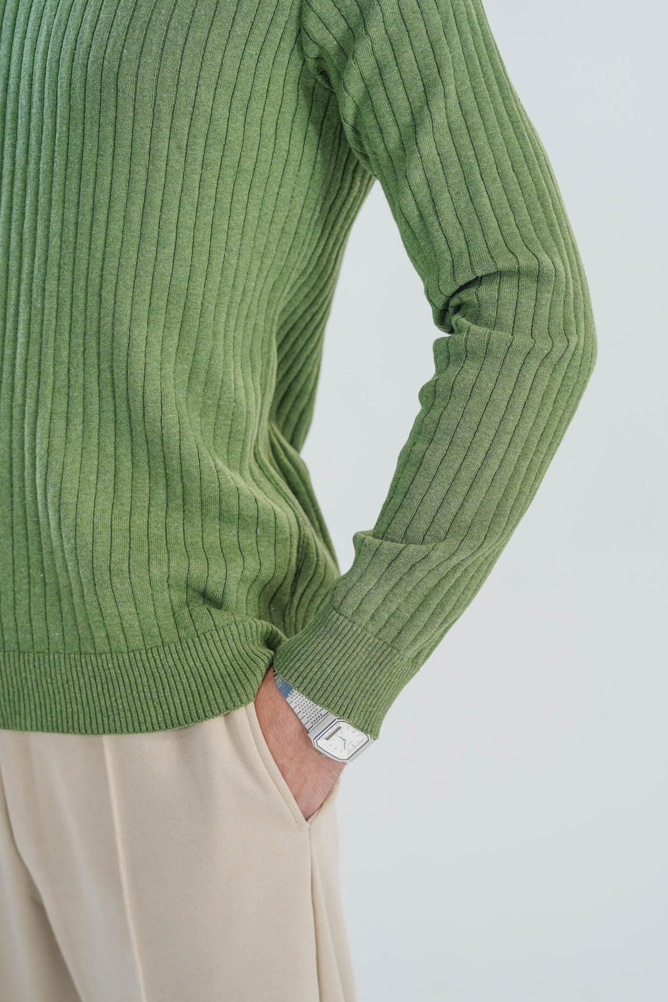 Olive Green Knitted Polo - Full Sleeves - Men