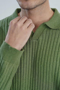 Olive Green Knitted Polo - Full Sleeves - Men