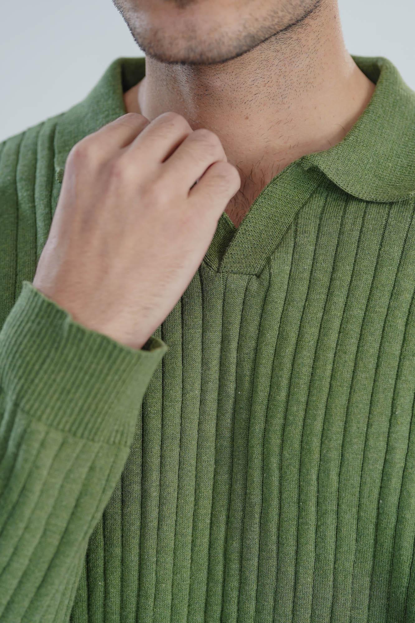 Olive Green Knitted Polo - Full Sleeves - Men