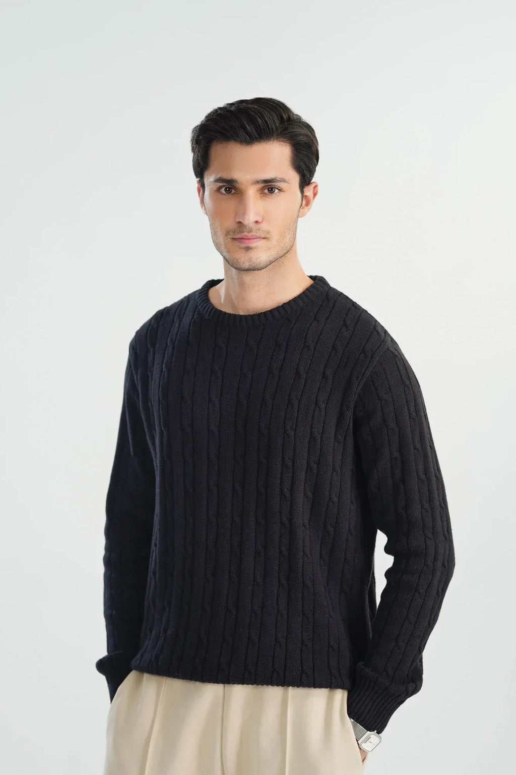 Black Cable Knit Sweater - Smart Fit - Men