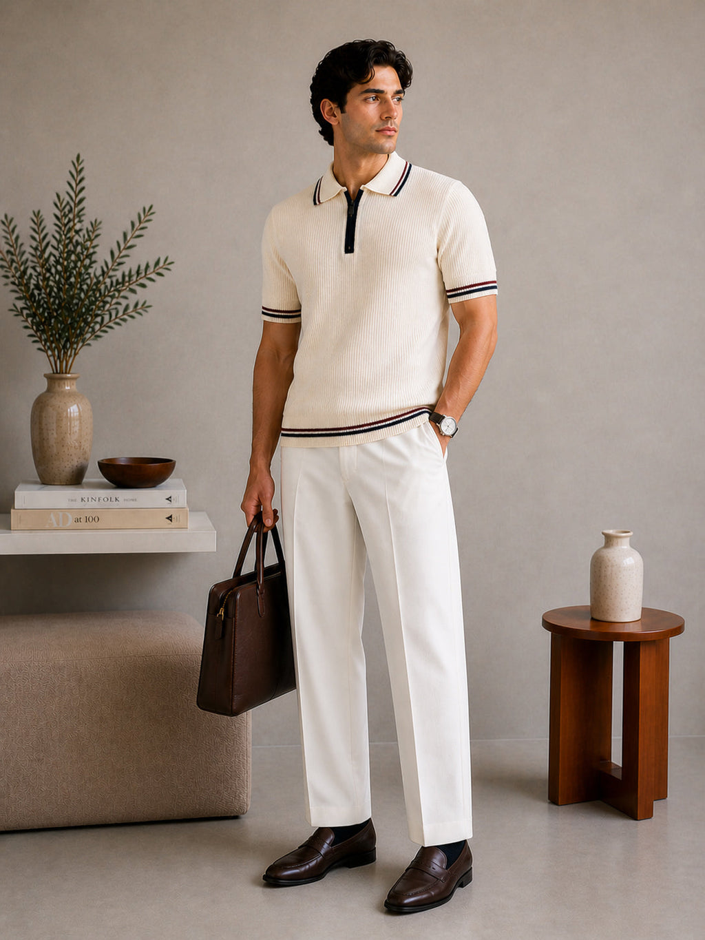 Ecru Riviera Zip Knit Polo