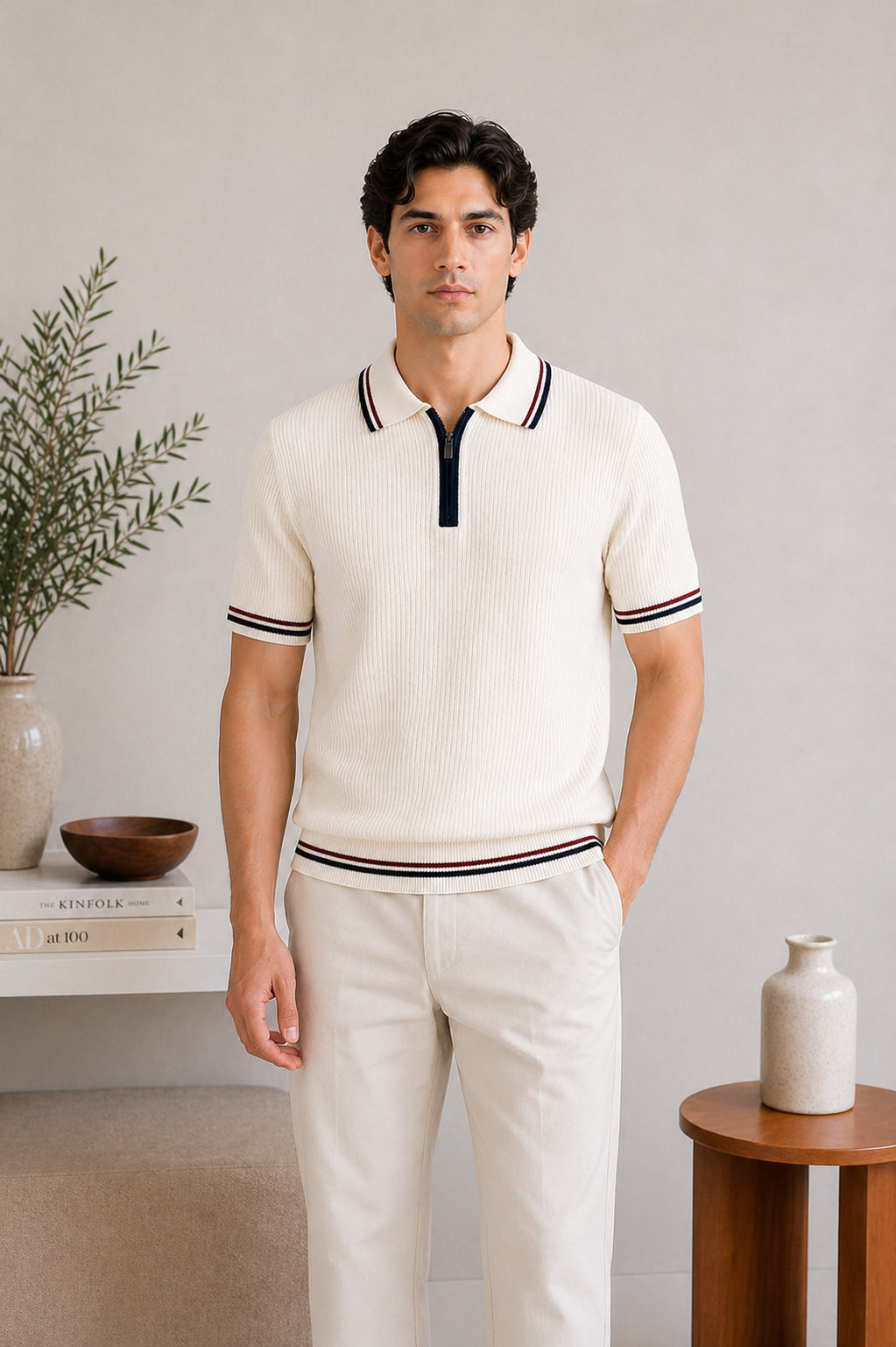 Ecru Riviera Zip Knit Polo