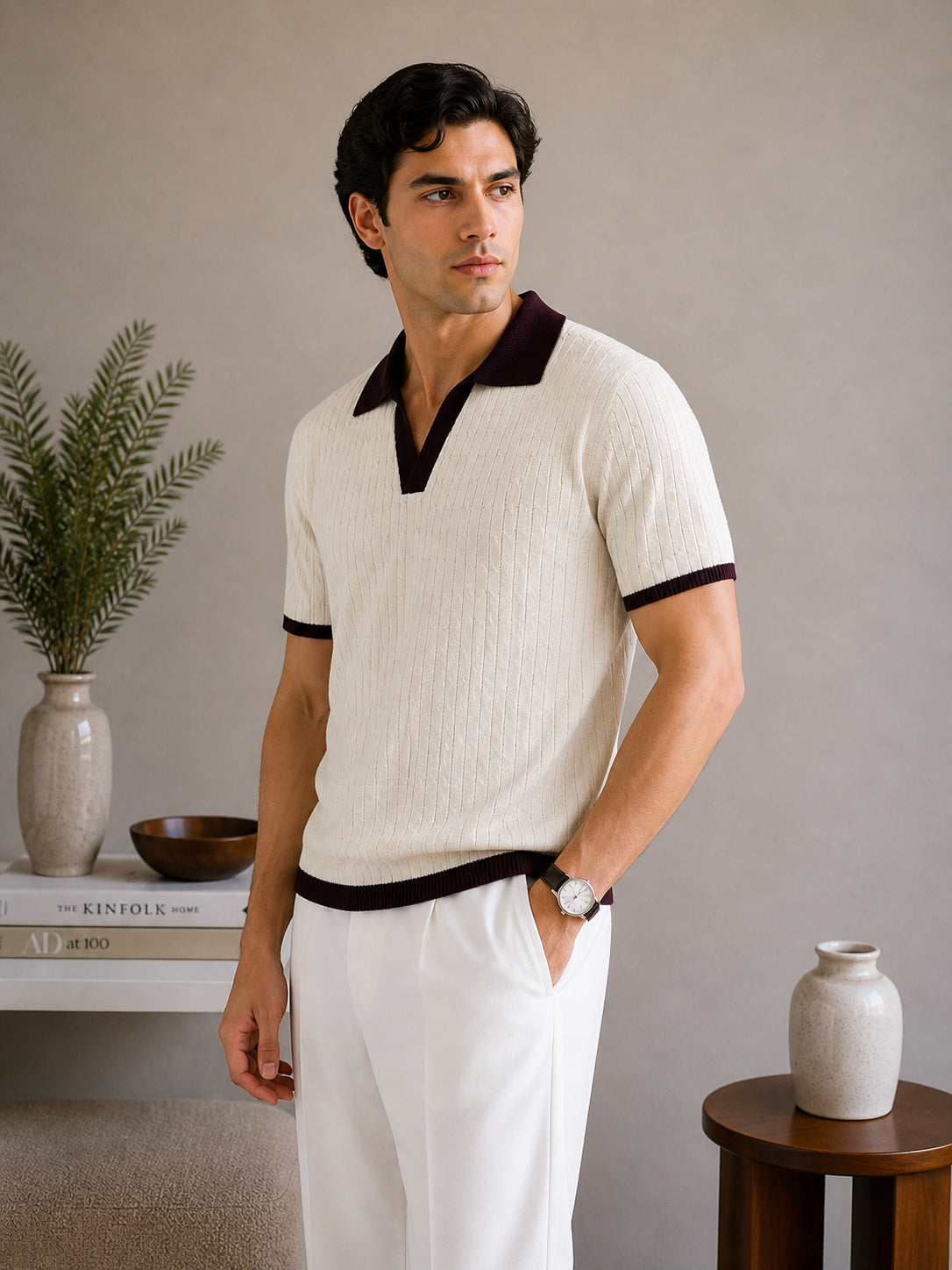 Ecru Heritage Knit Contrast Knit Polo
