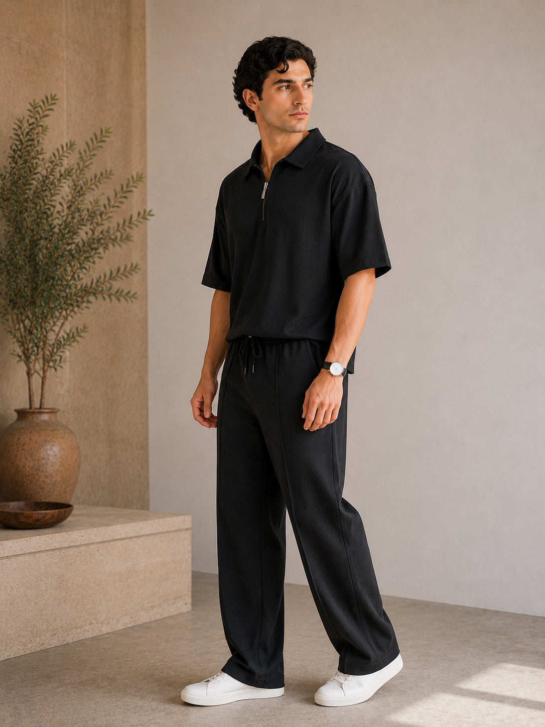 Black Jersey Coord Set - 2PC - Men