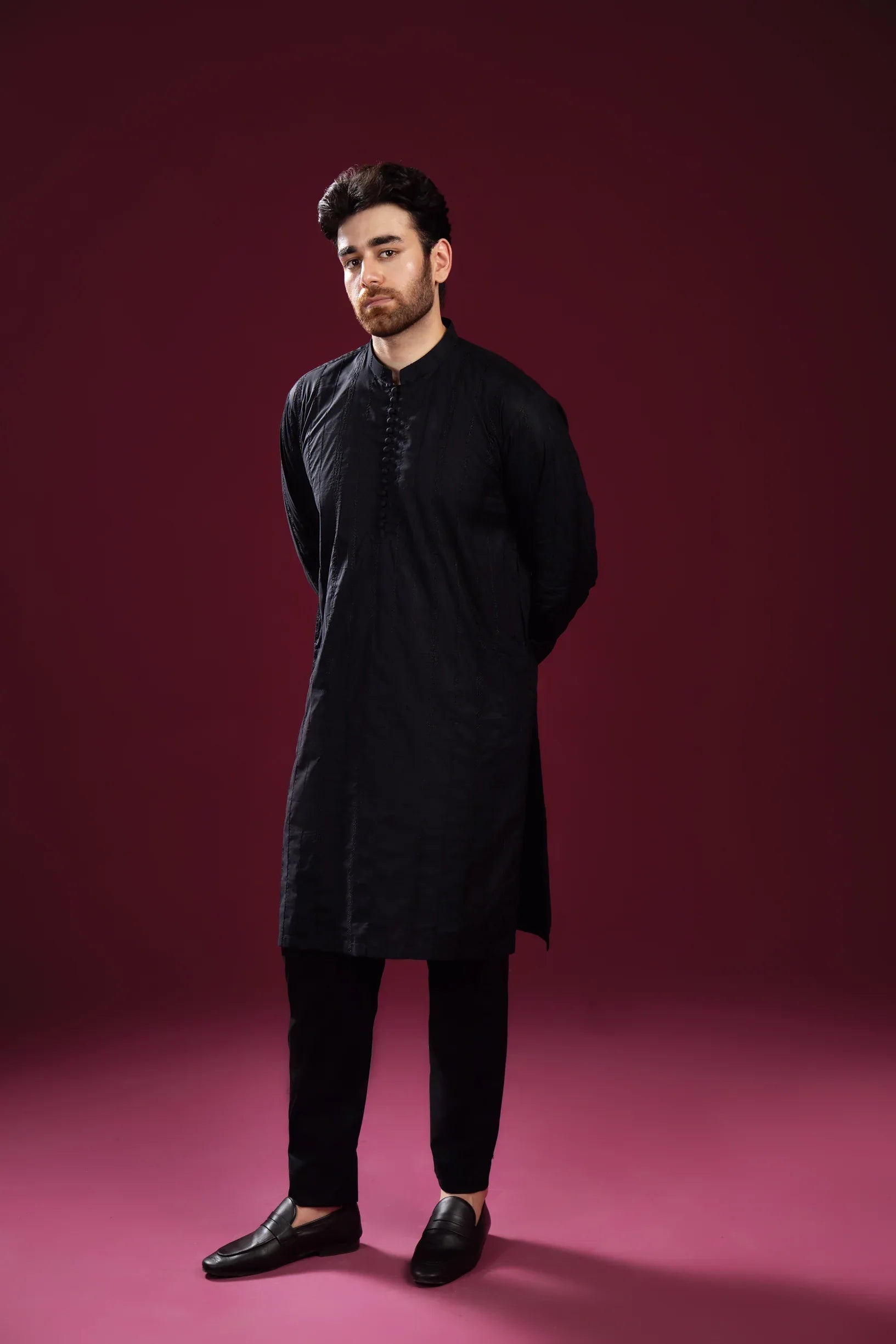 Black Luppi Falling Cotton Embroidered Kurta Trouser - Men
