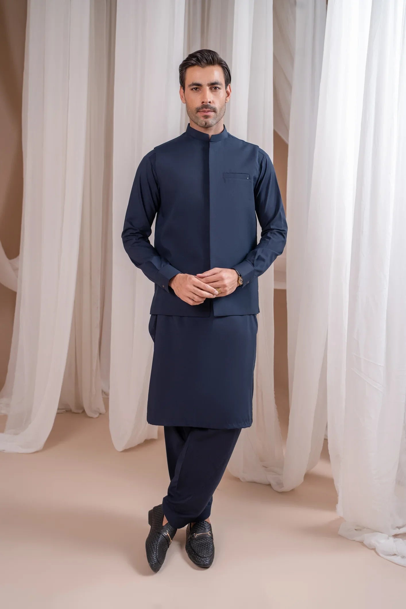 Navy Blue Blended Waistcoat - Straigth Cut - Men