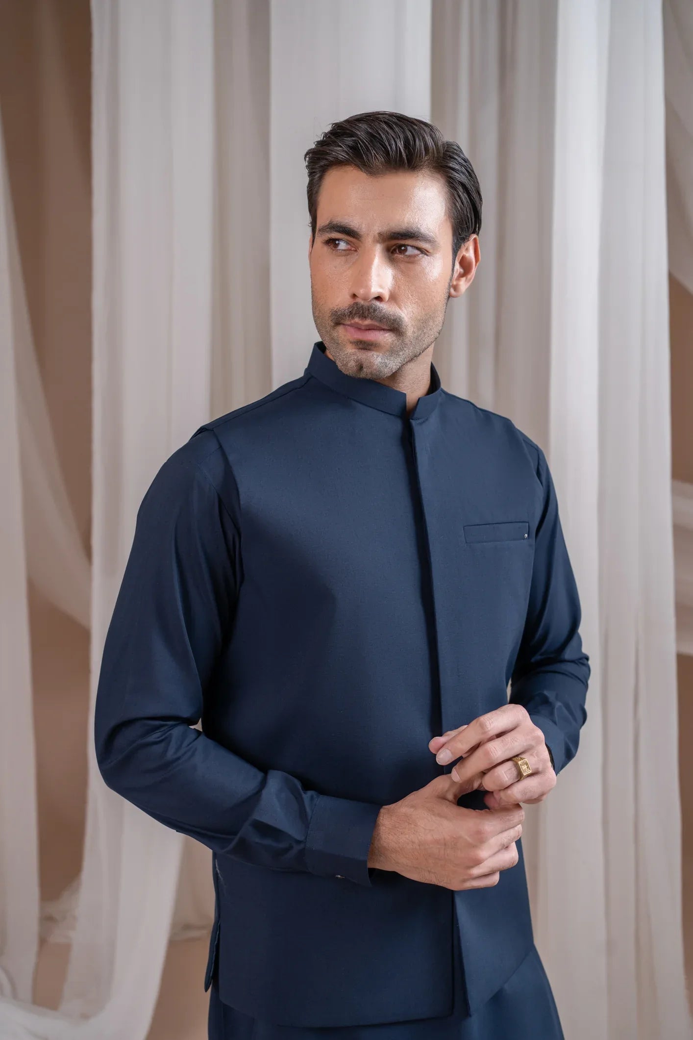 Navy Blue Blended Waistcoat - Straigth Cut - Men