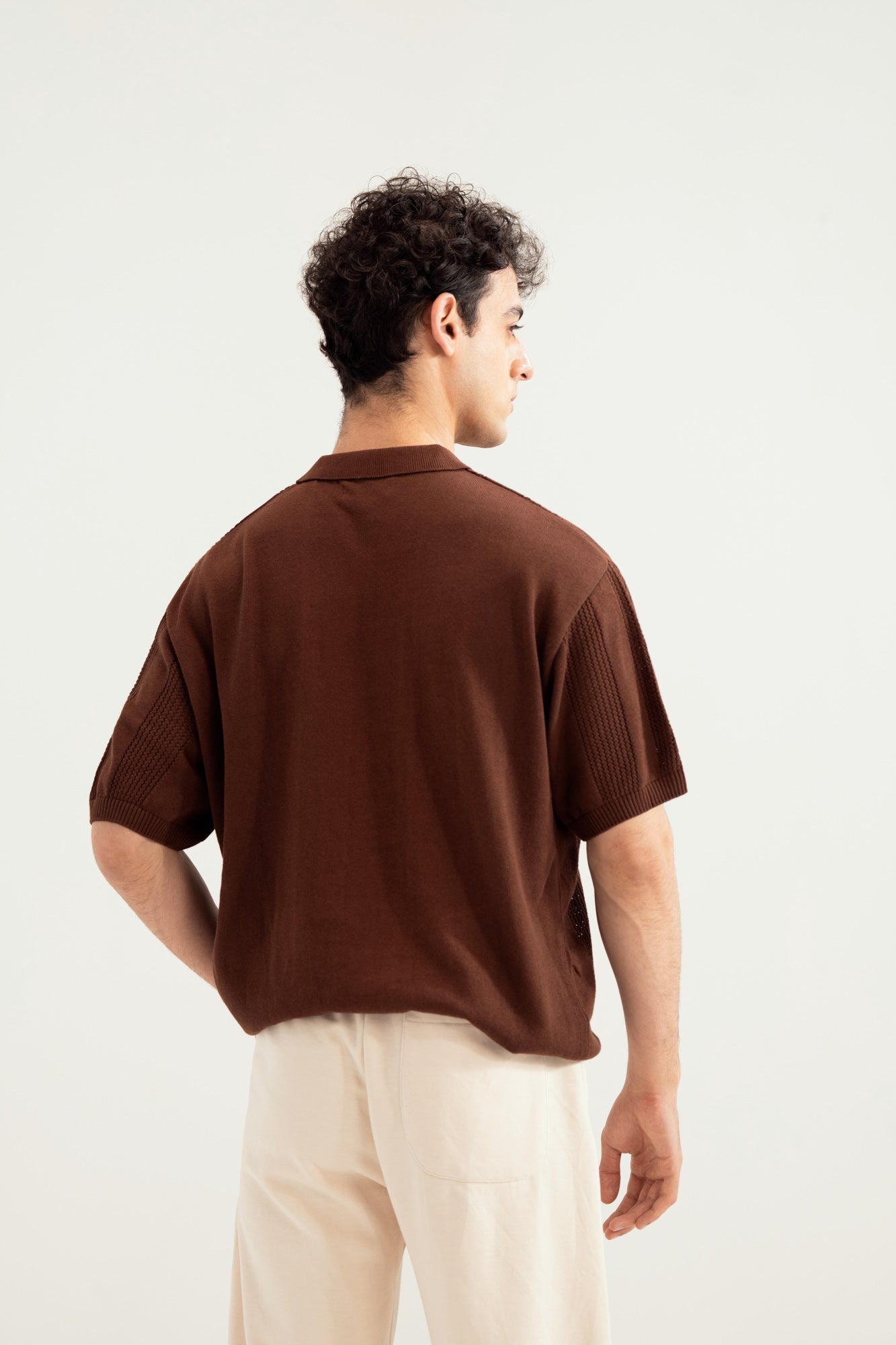 Dark Brown Crocheted Stripes Knitted Button Down - Men
