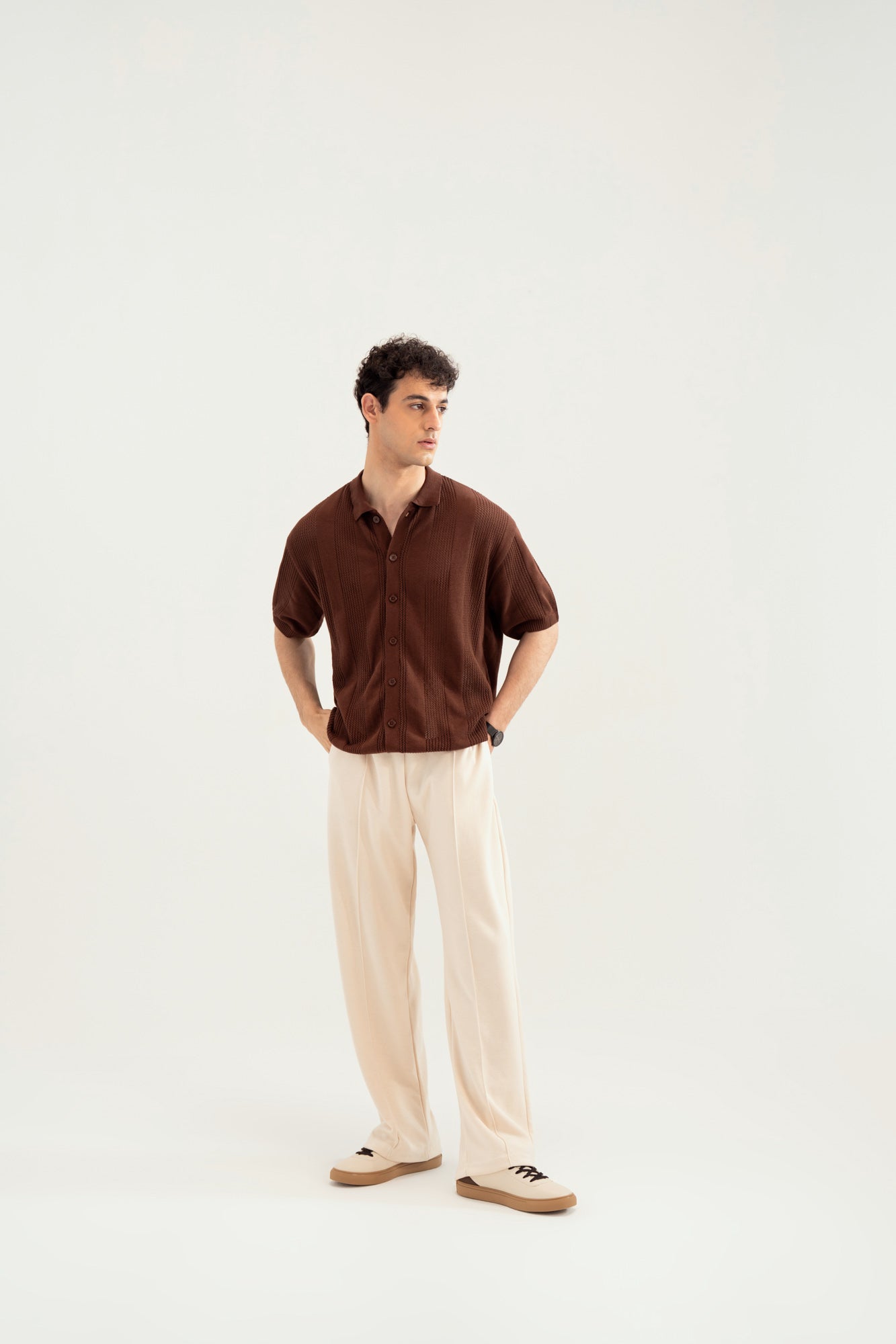 Dark Brown Crocheted Stripes Knitted Button Down - Men