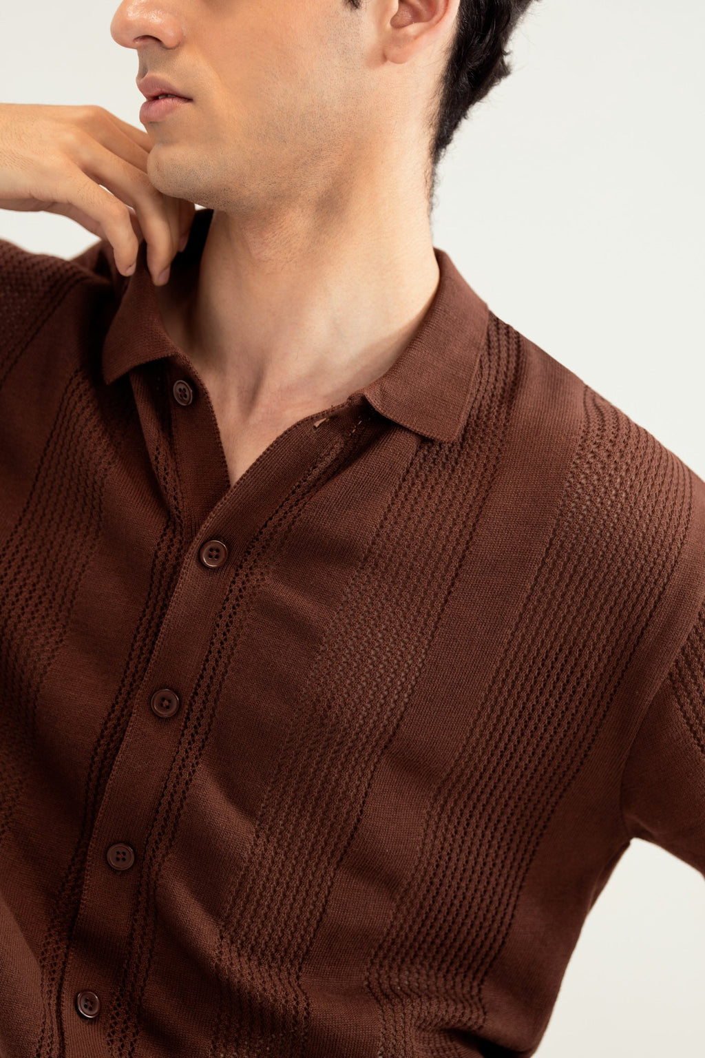 Dark Brown Crocheted Stripes Knitted Button Down - Men