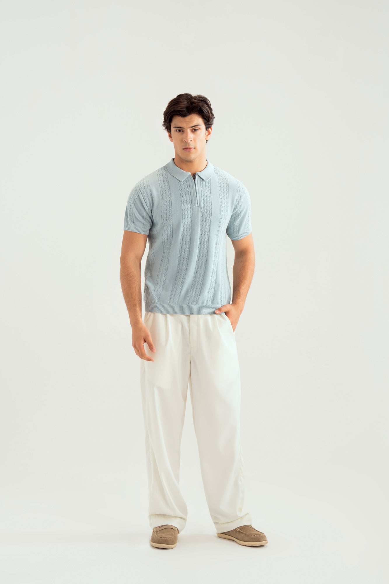 Sky Blue Crocheted Knitted Polo - Men