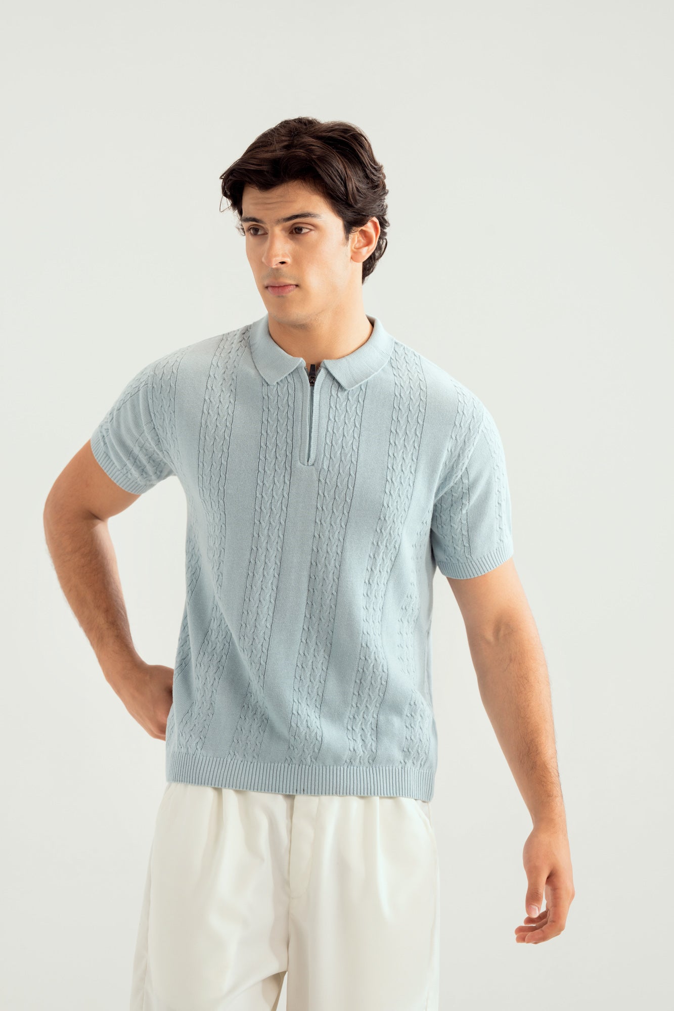 Sky Blue Crocheted Knitted Polo - Men