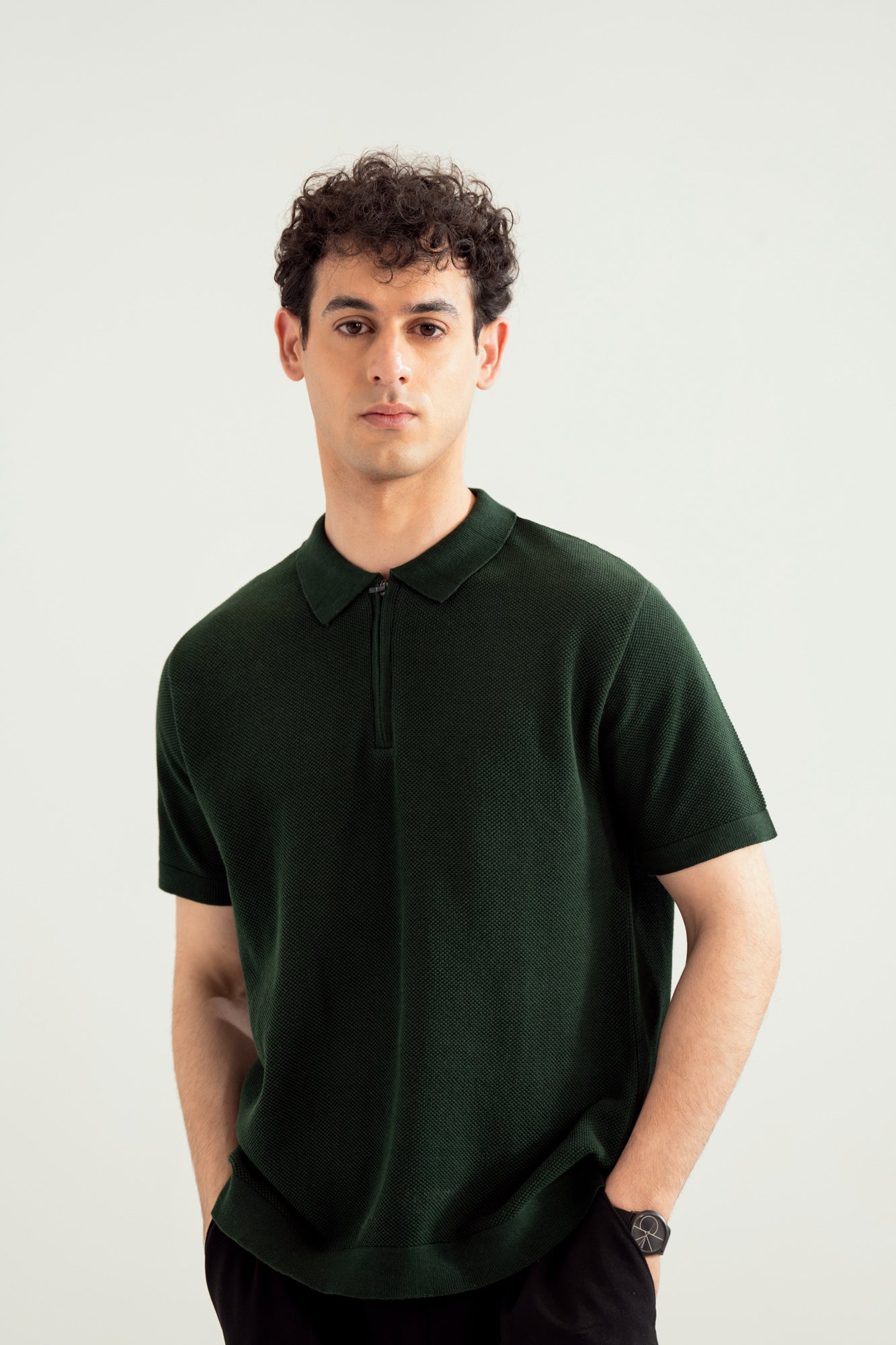 Dark Green Zipper Links Knitted Polo - Men