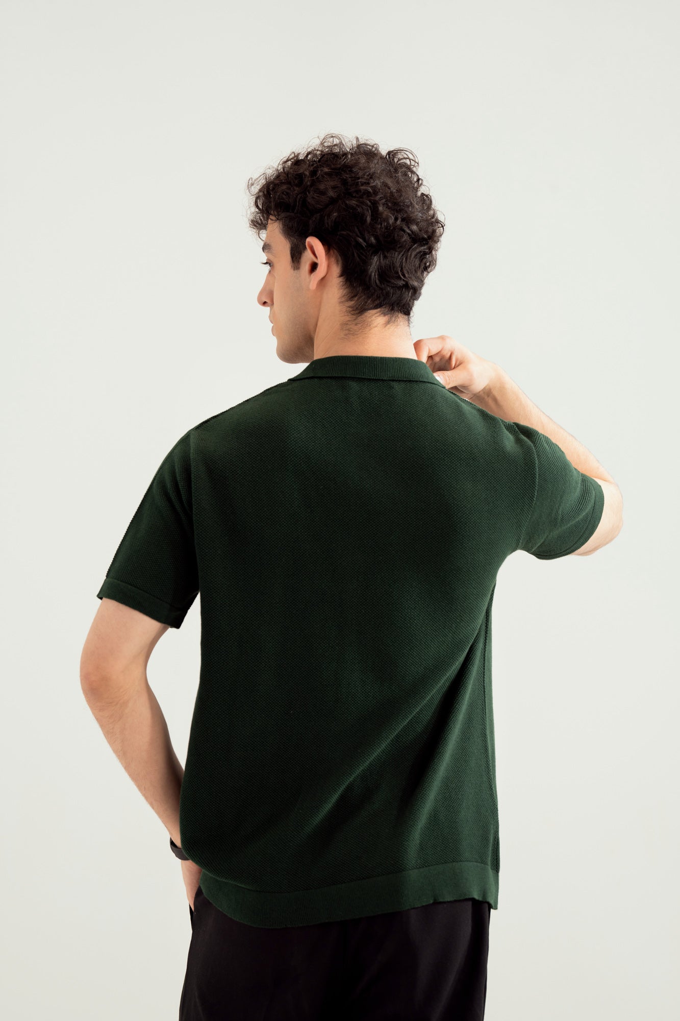 Dark Green Zipper Links Knitted Polo - Men
