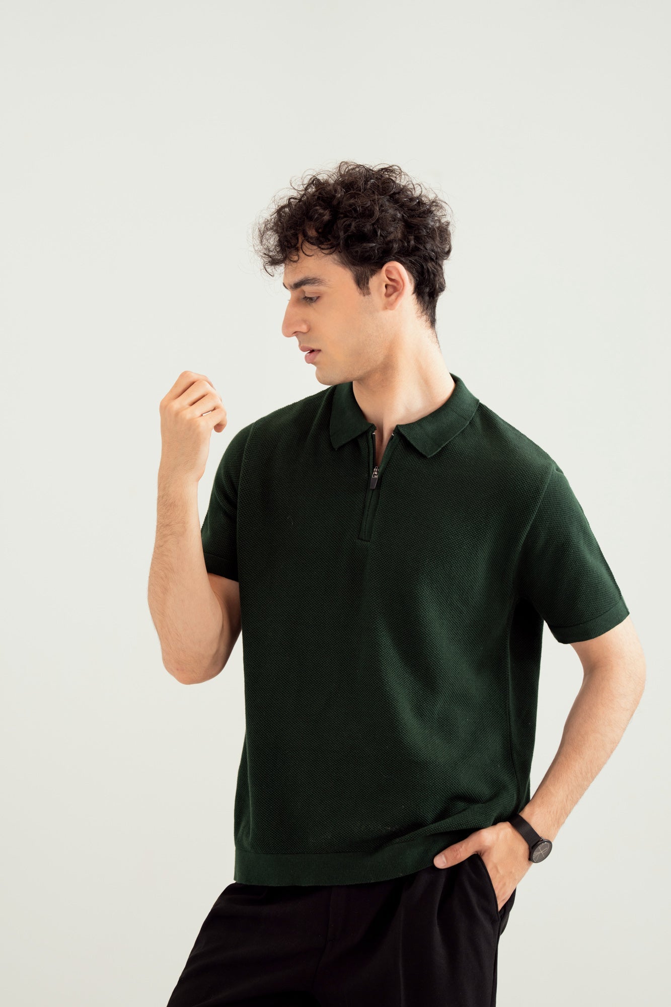 Dark Green Zipper Links Knitted Polo - Men