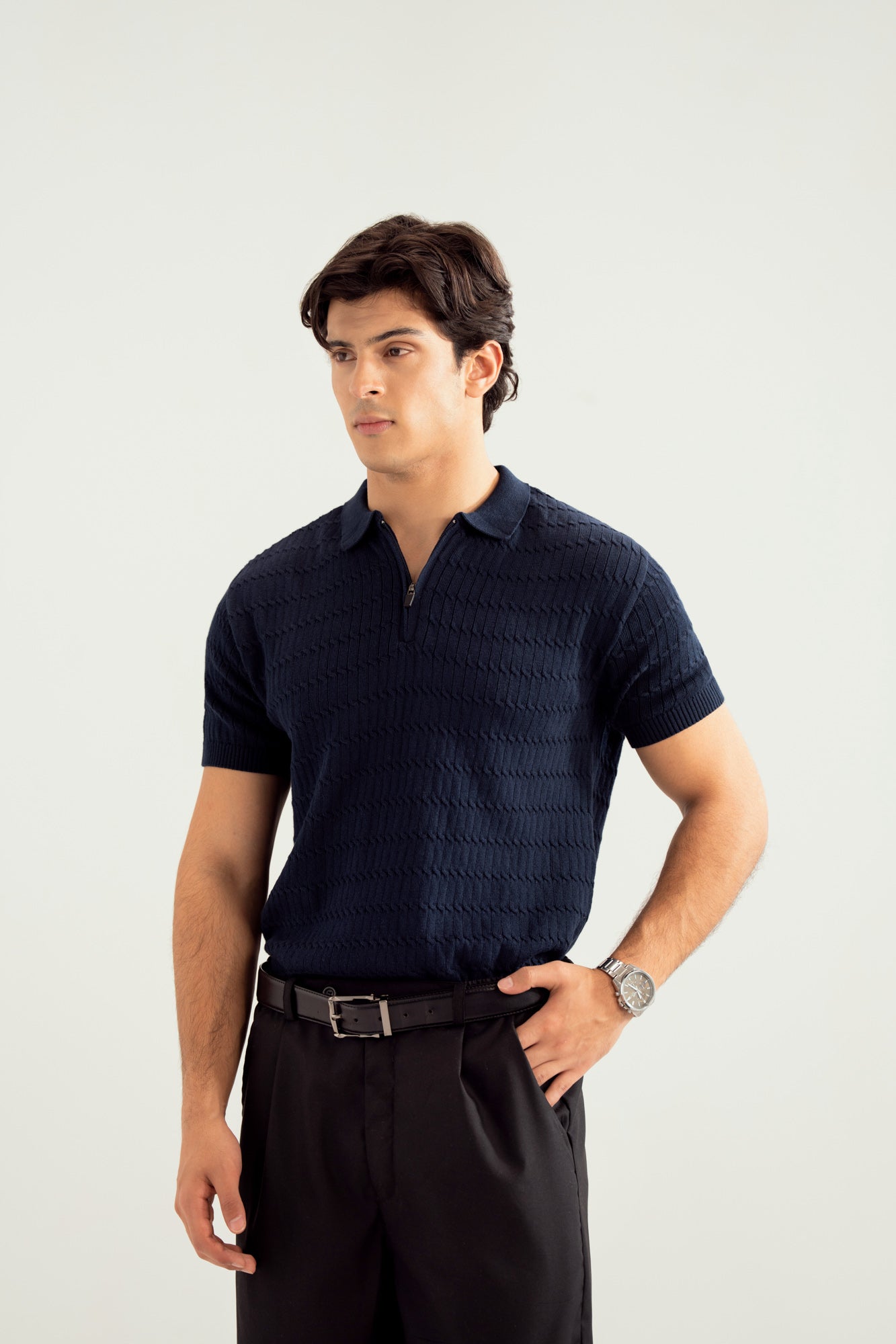 Navy Blue Zipper Cabled Knit Polo - Men