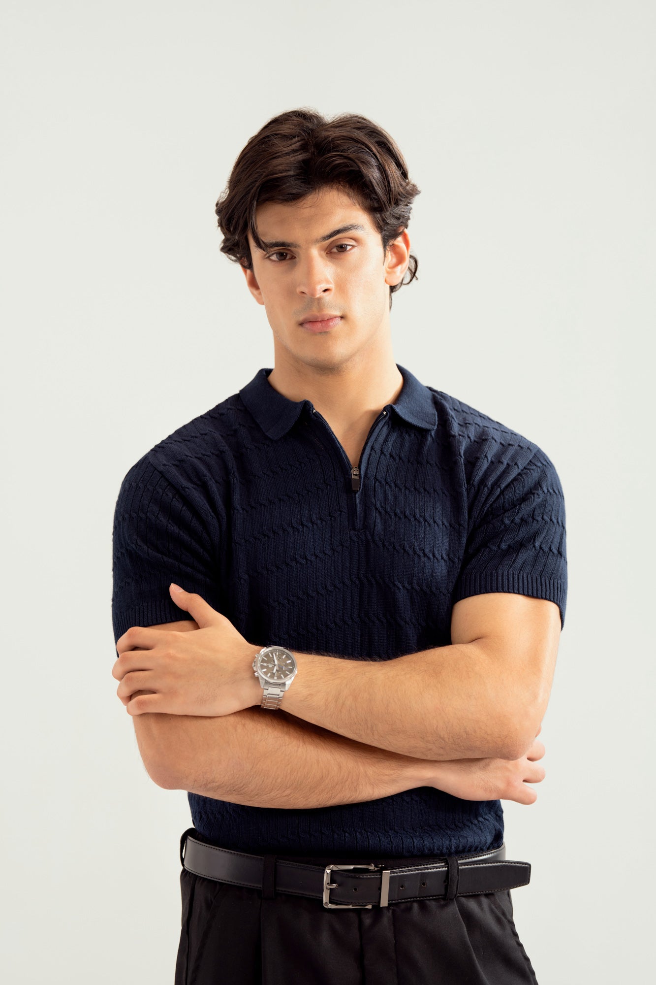 Navy Blue Zipper Cabled Knit Polo - Men