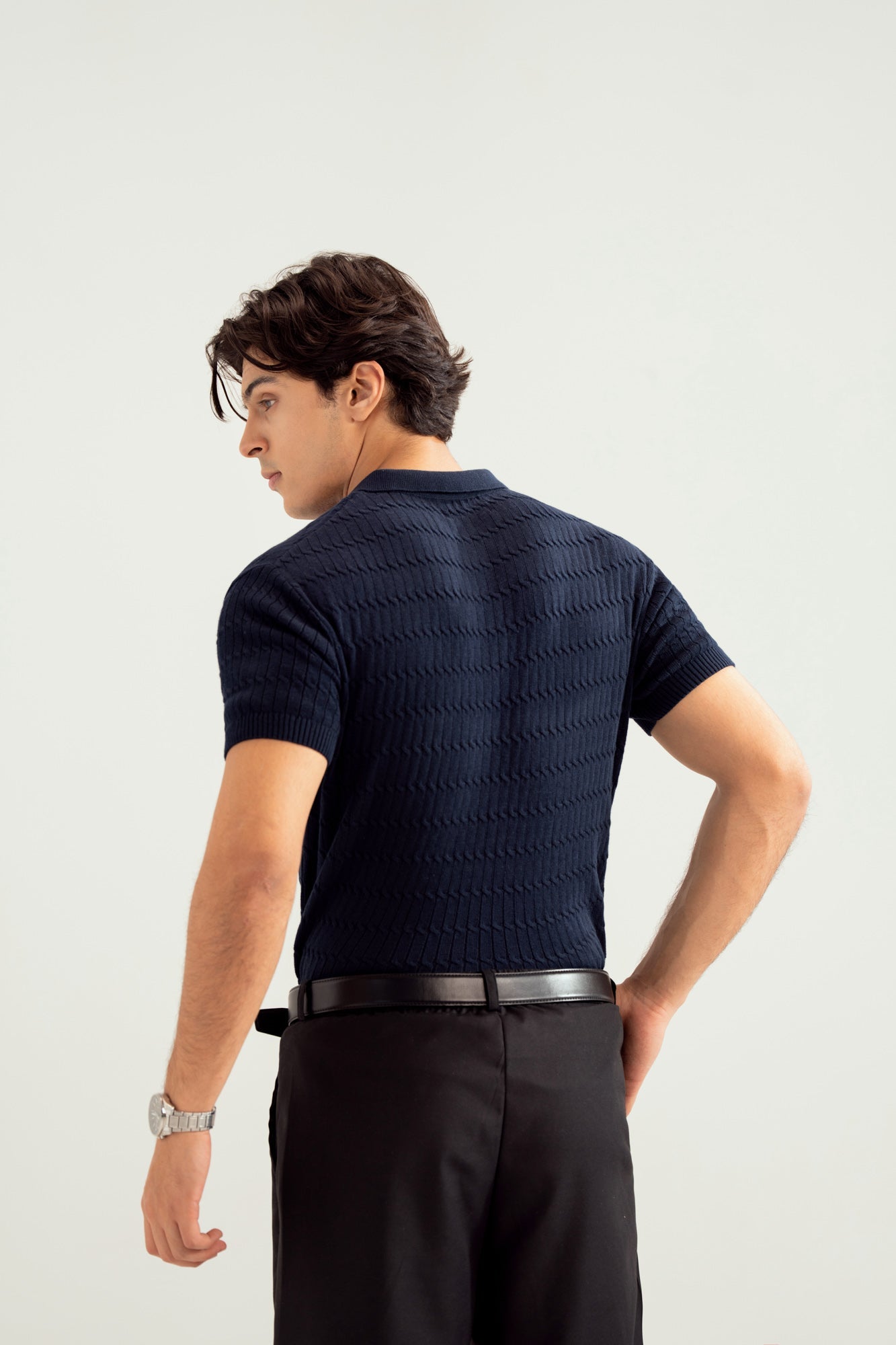 Navy Blue Zipper Cabled Knit Polo - Men