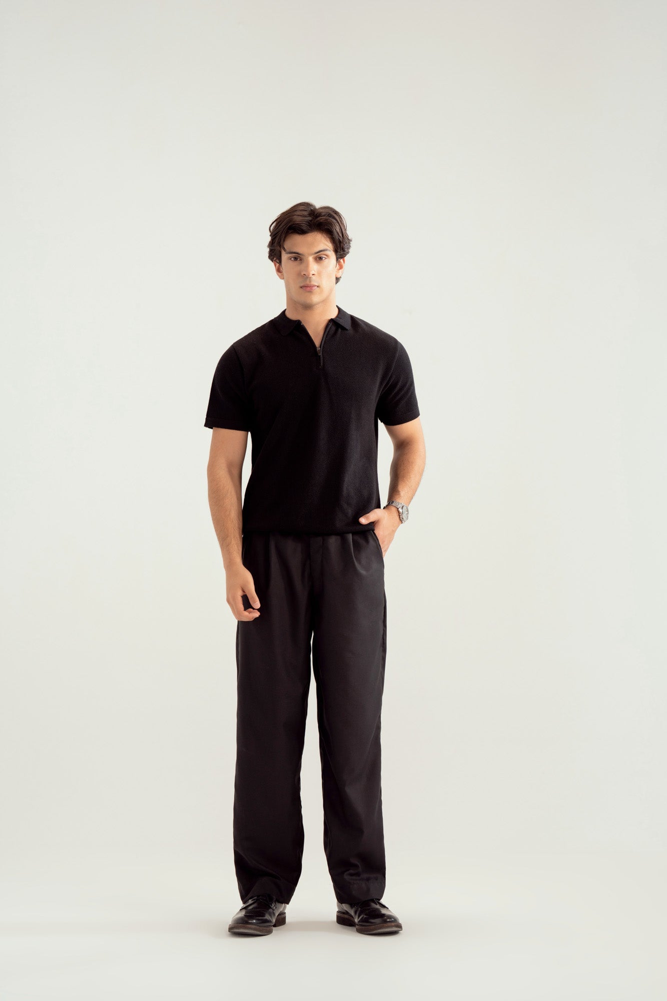 Black Zipper Links Knitted Polo - Men