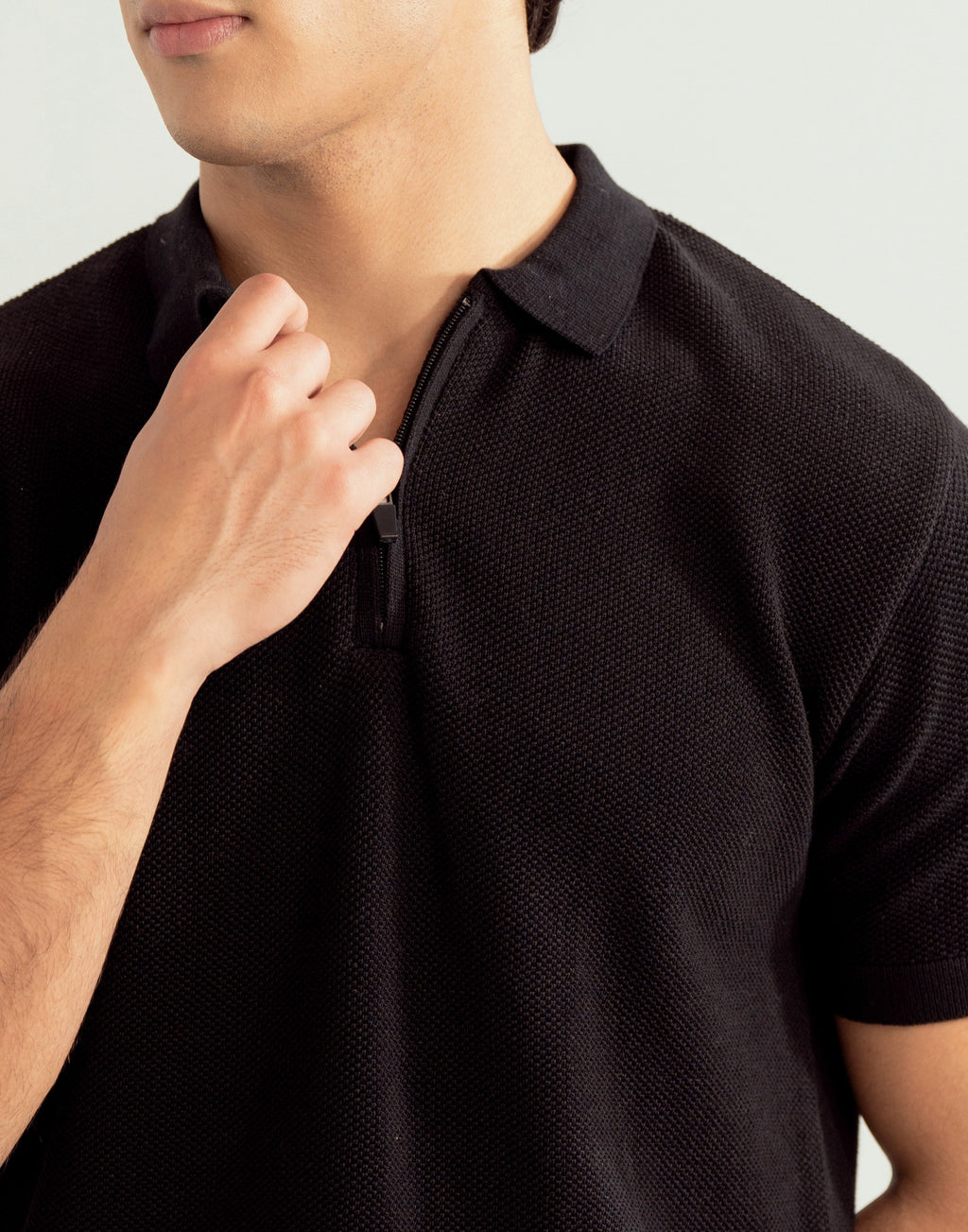 Black Zipper Links Knitted Polo - Men