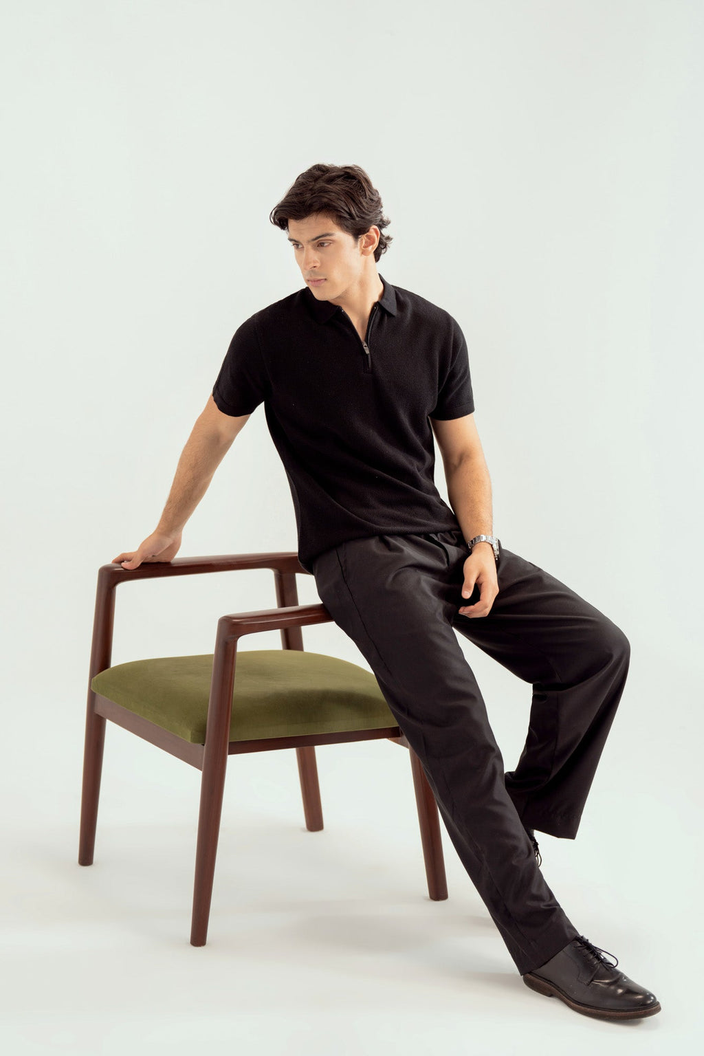 Black Zipper Links Knitted Polo - Men