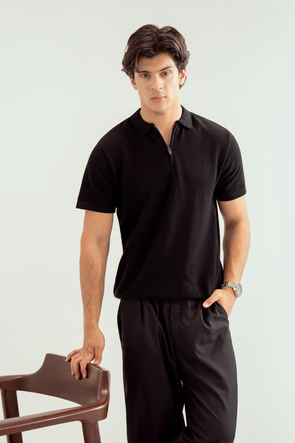 Black Zipper Links Knitted Polo - Men