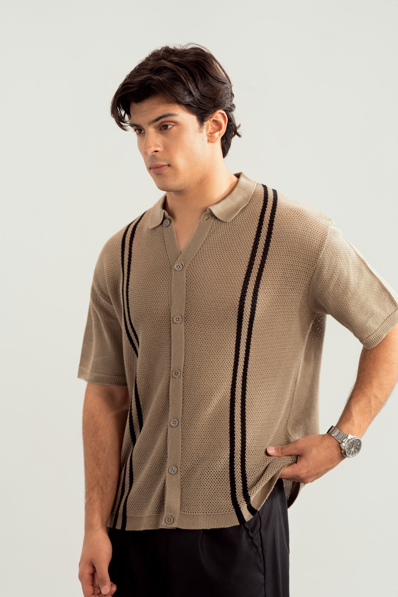 Pishtachu Crocheted Stripes Knitted Button Down - Men