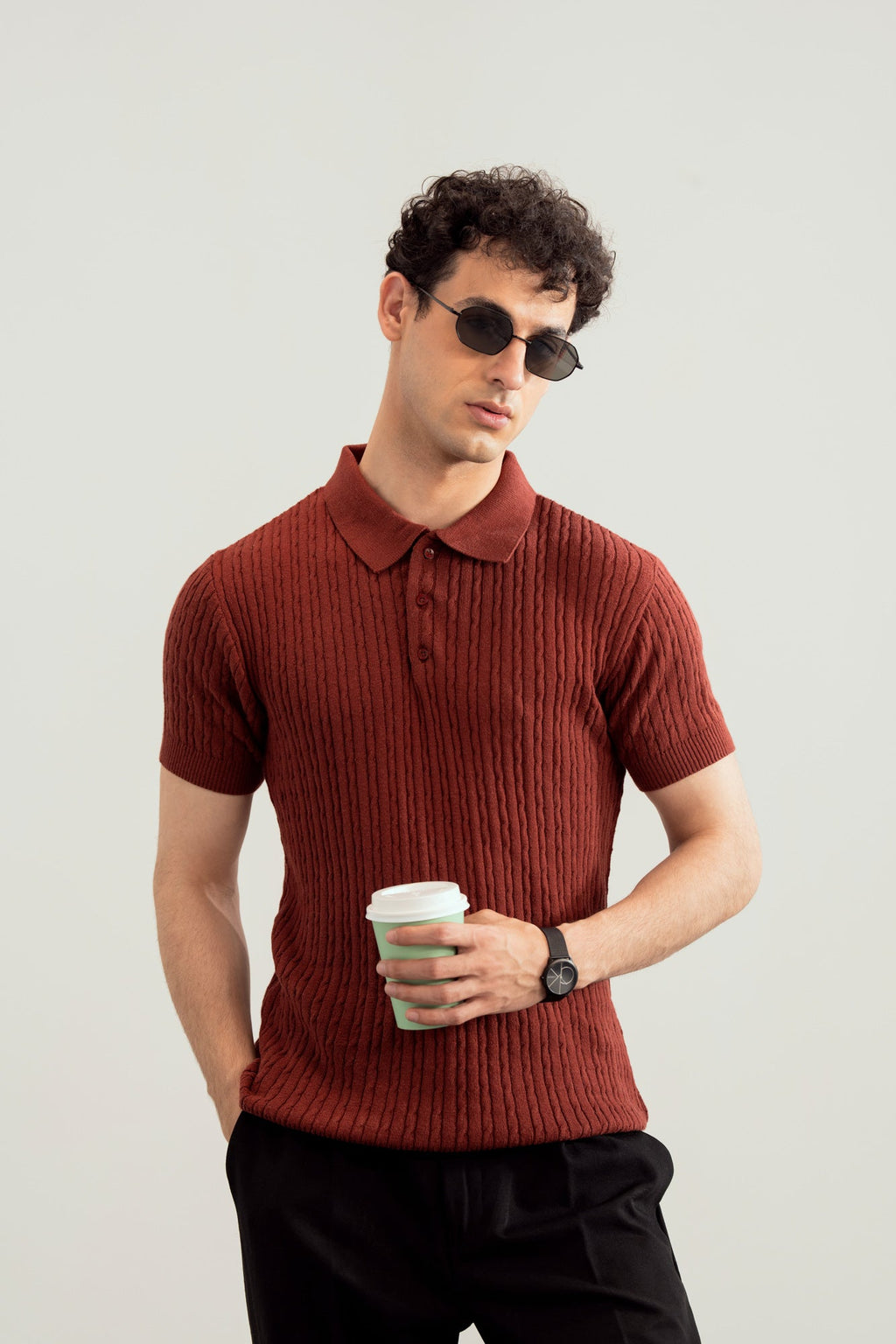 Dark Cherry Cable Knit Polo - Men