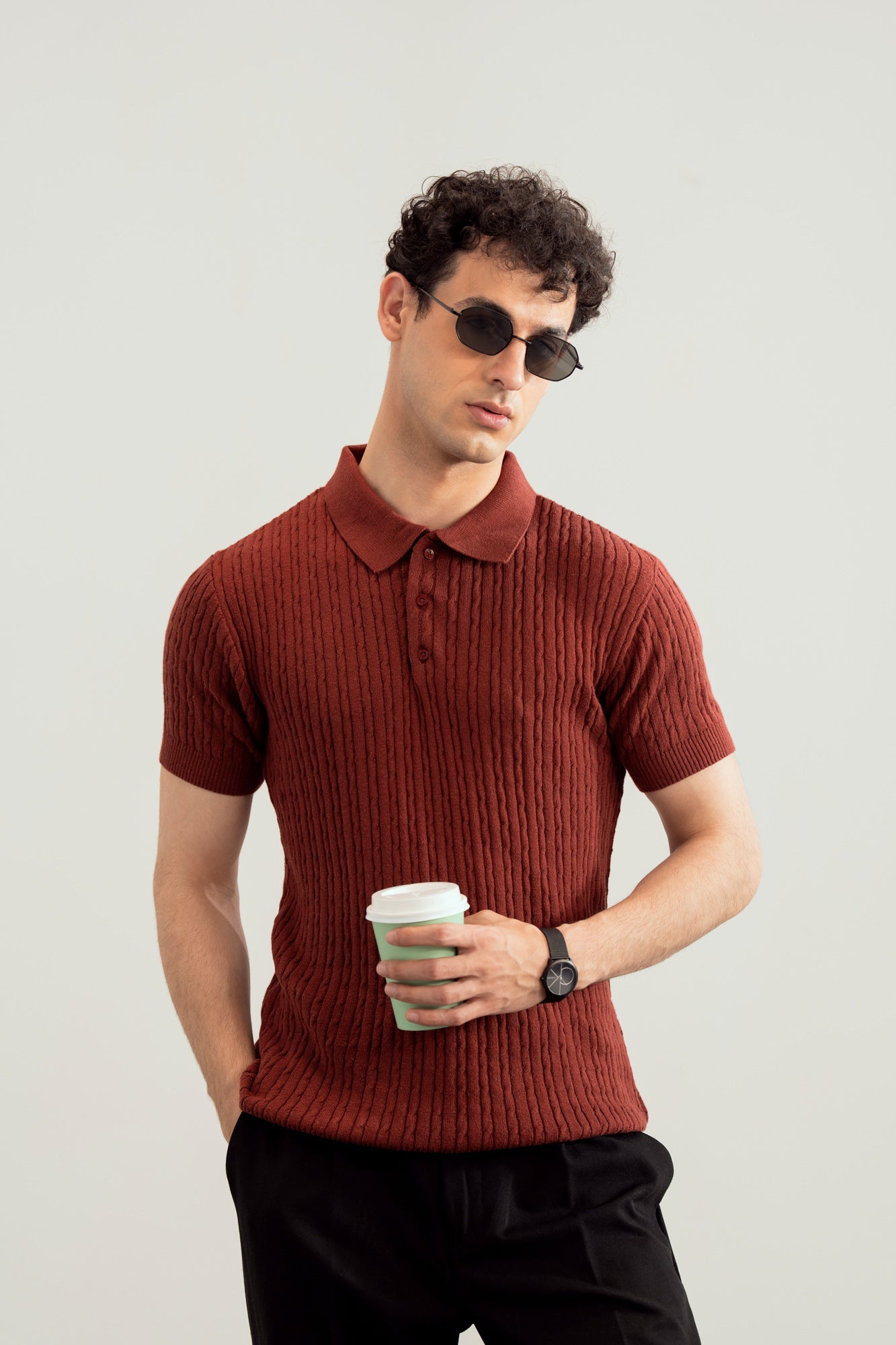 Dark Cherry Cable Knit Polo - Men