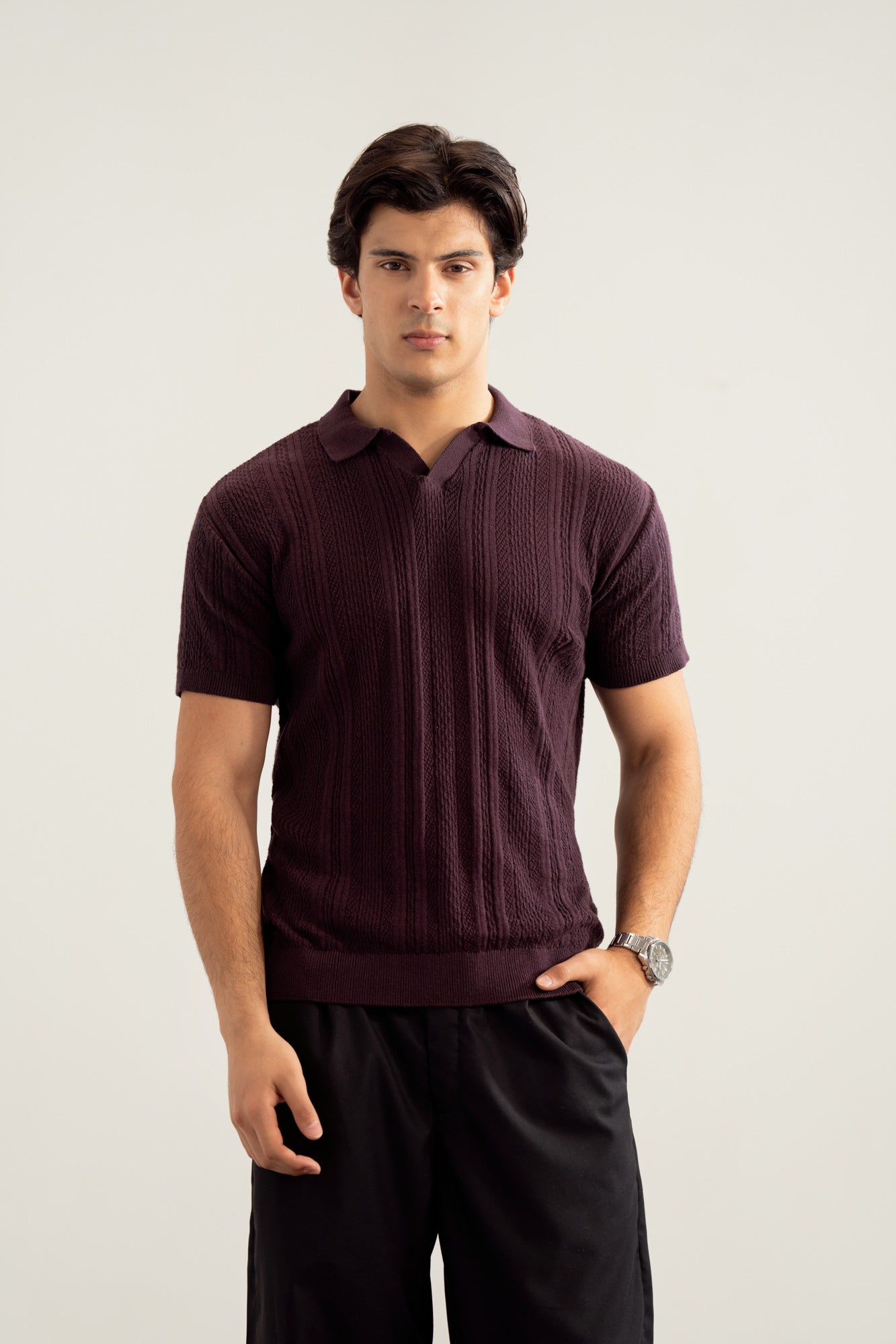 Dark Purple Wave Knitted Polo - Men