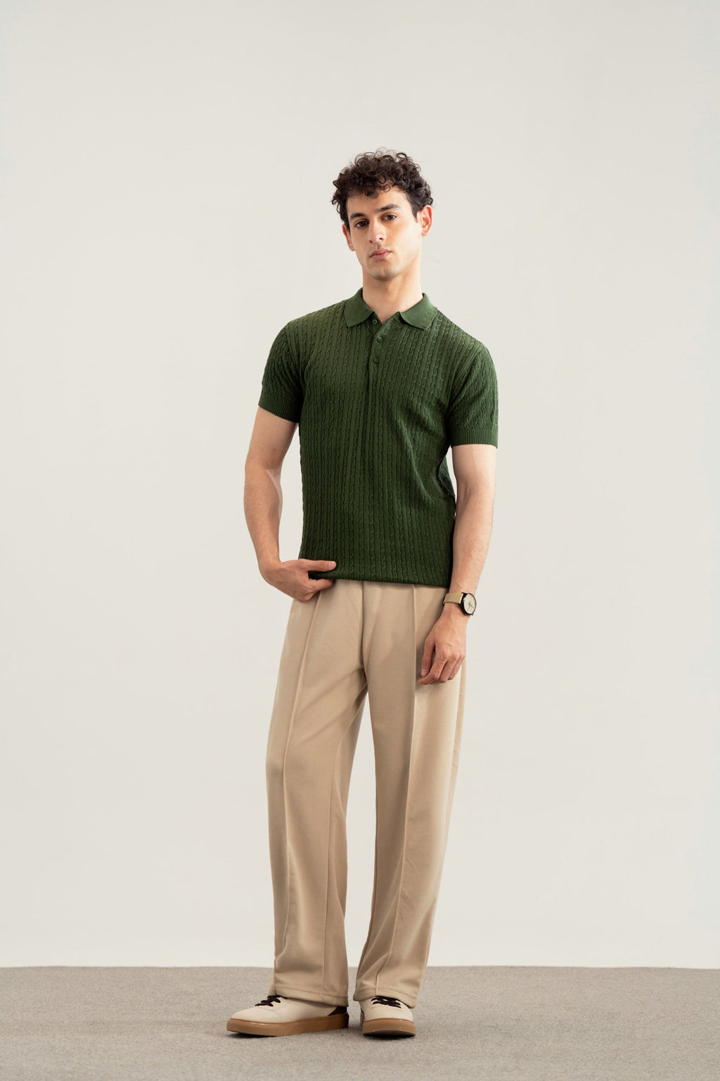 Dark Green Cable Knit Polo - Men