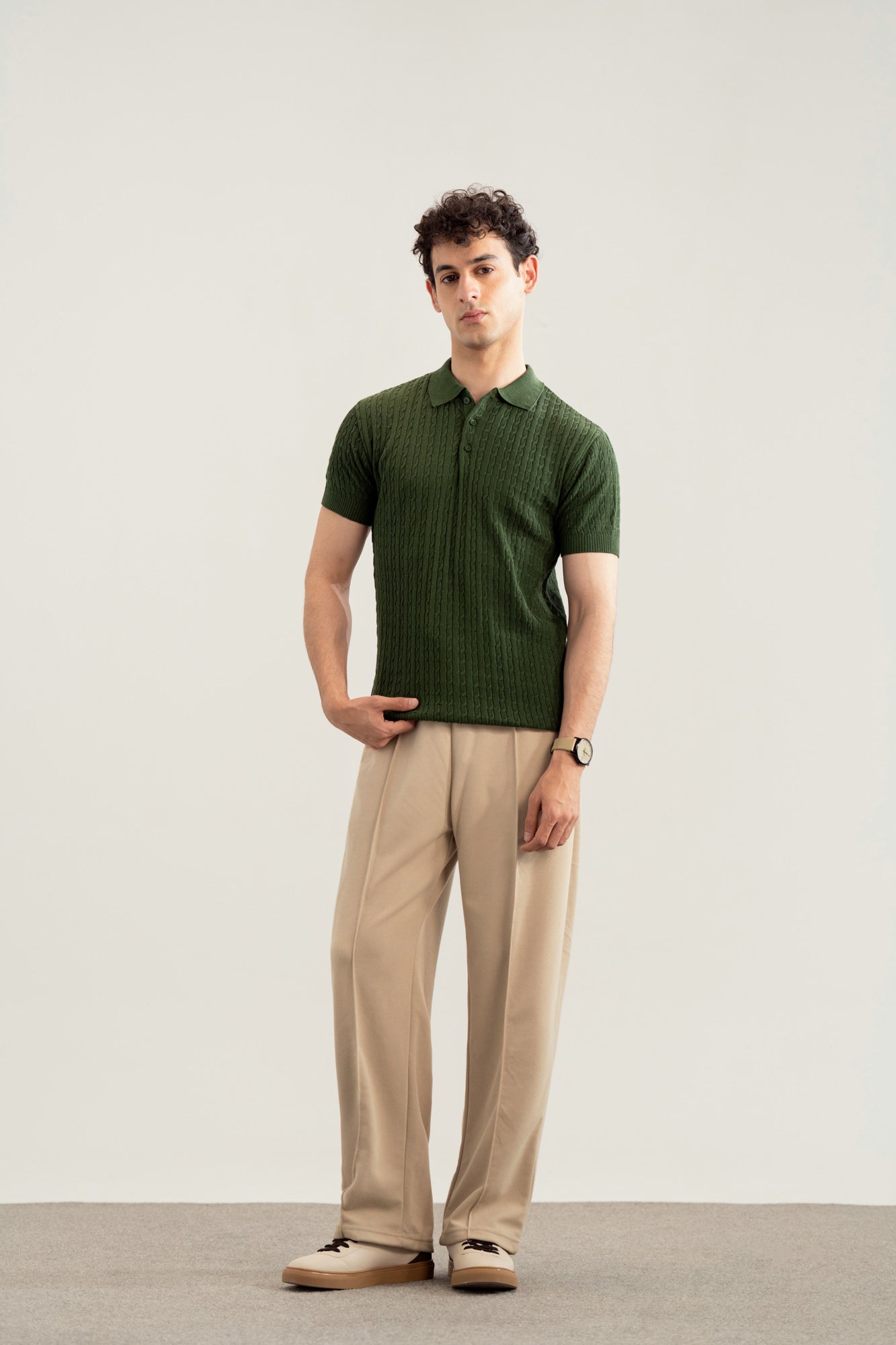 Dark Green Cable Knit Polo - Men