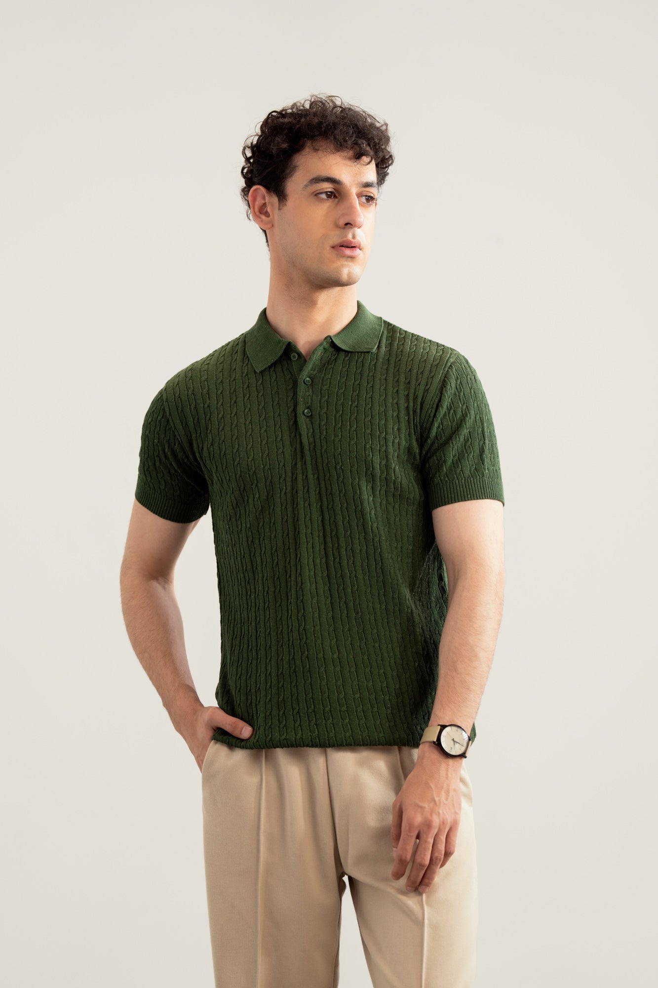 Dark Green Cable Knit Polo - Men