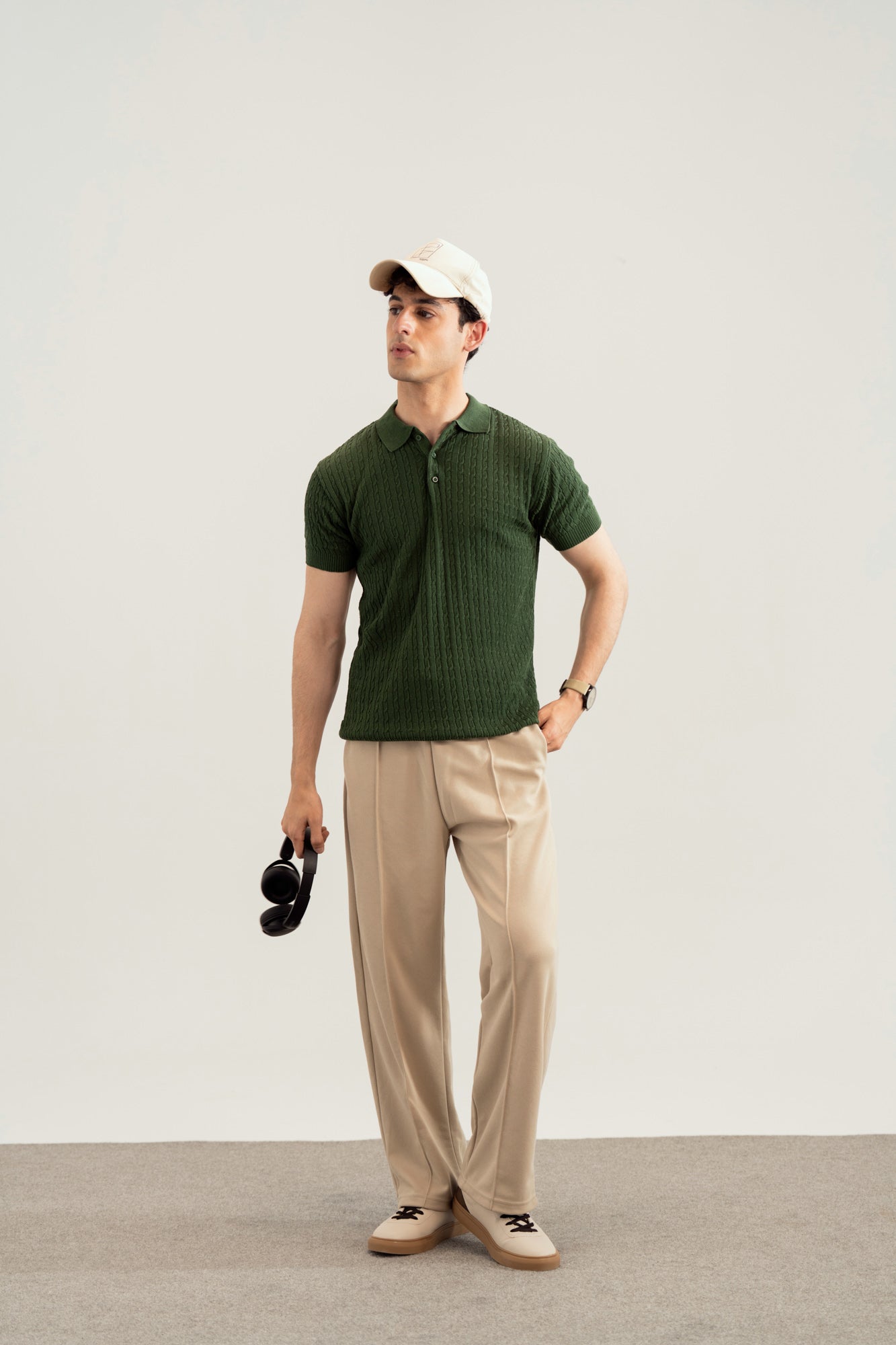 Dark Green Cable Knit Polo - Men