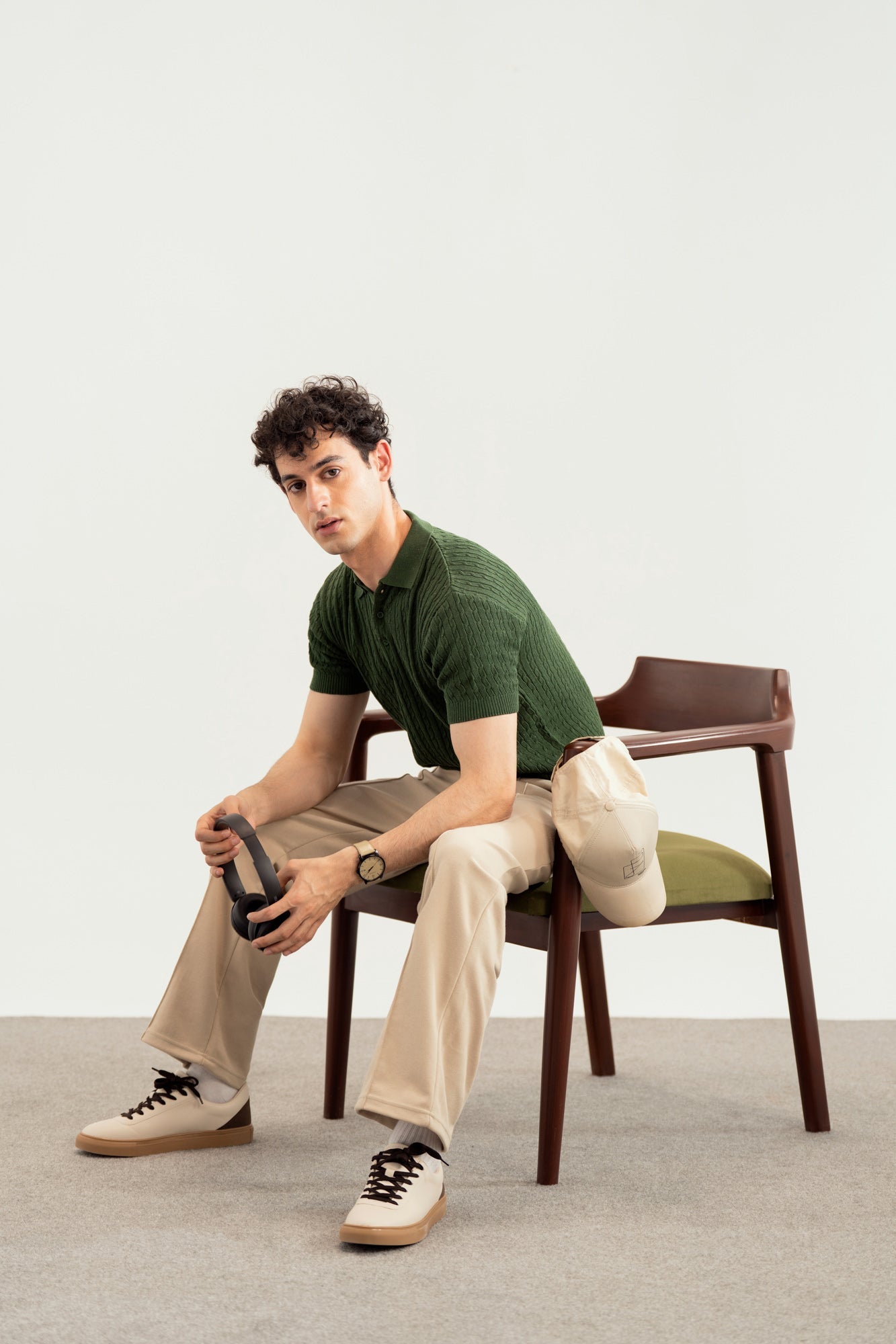 Dark Green Cable Knit Polo - Men