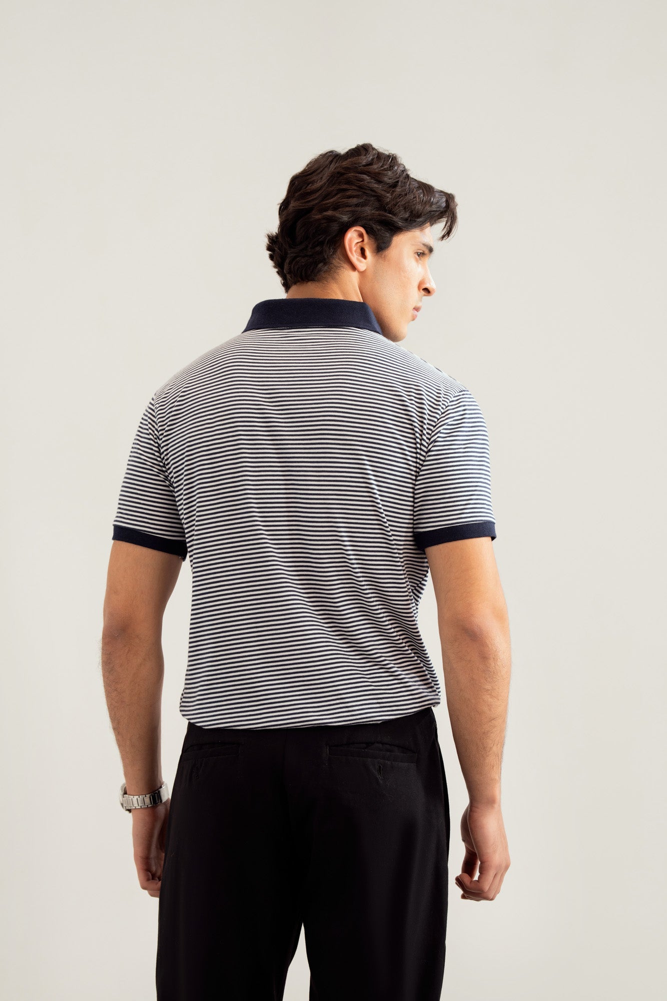 Off white and Blue Striper Johhny Resort Polo - Contrast Collar - Men