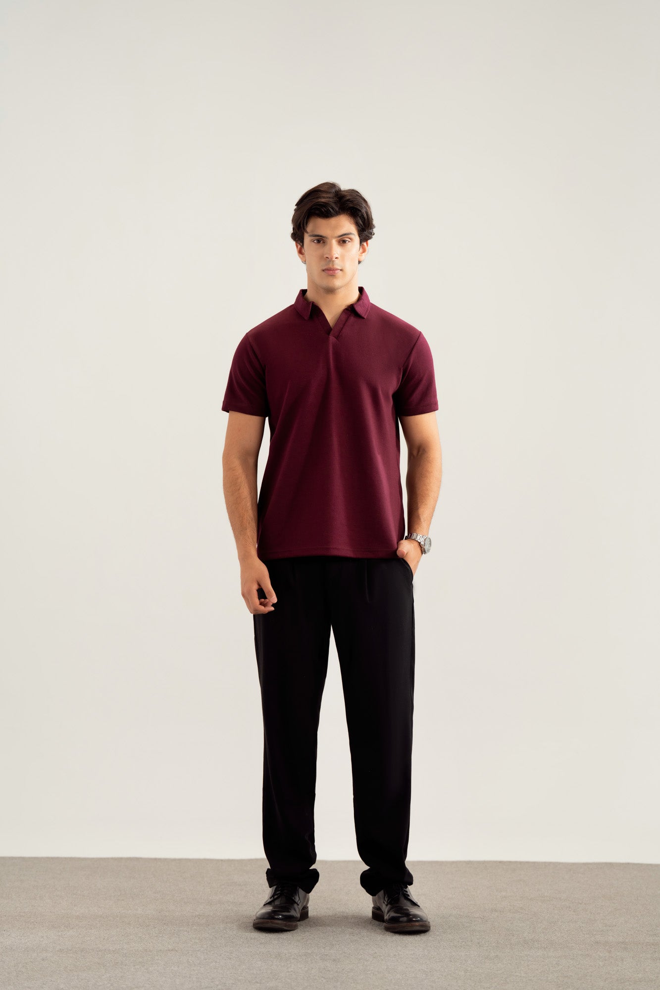 Maroon Interlock Johnny Collar Polo - Smart Fit  - Men