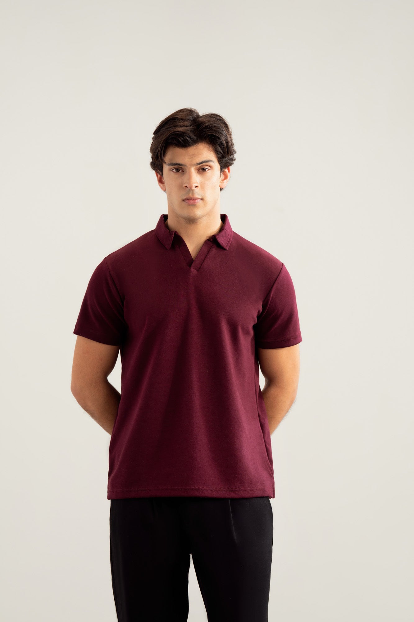 Maroon Interlock Johnny Collar Polo - Smart Fit  - Men