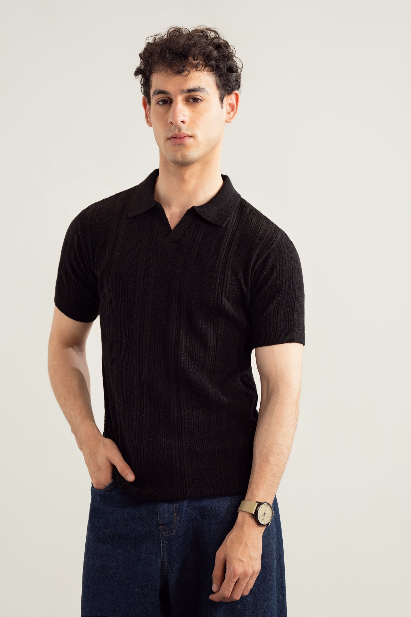 Black Wave Knitted Polo - Men