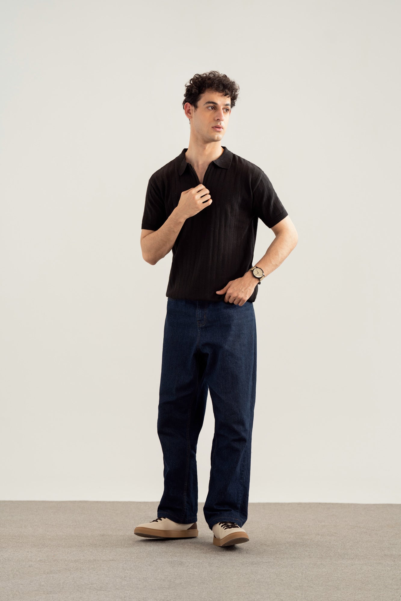 Black Drop Needle Zipper Knitted Polo - Men