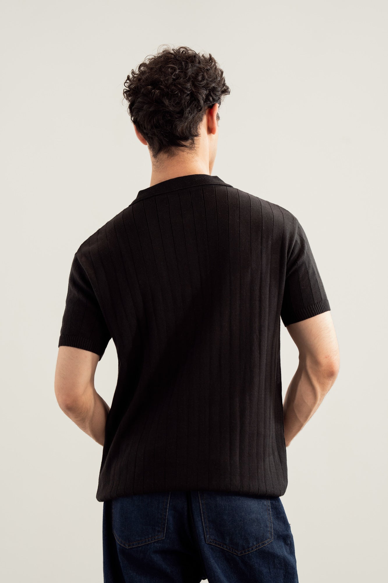 Black Drop Needle Zipper Knitted Polo - Men