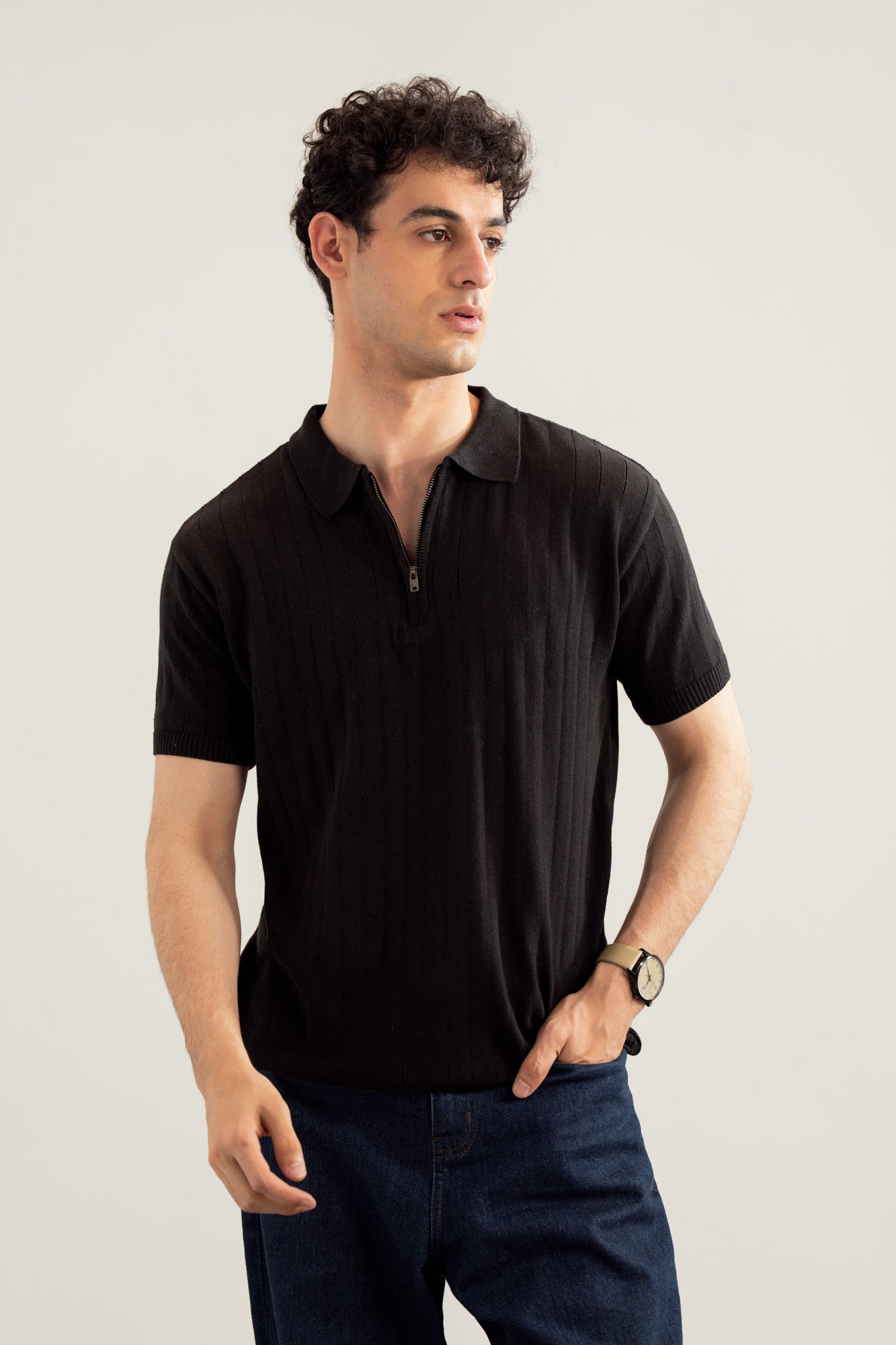 Black Drop Needle Zipper Knitted Polo - Men