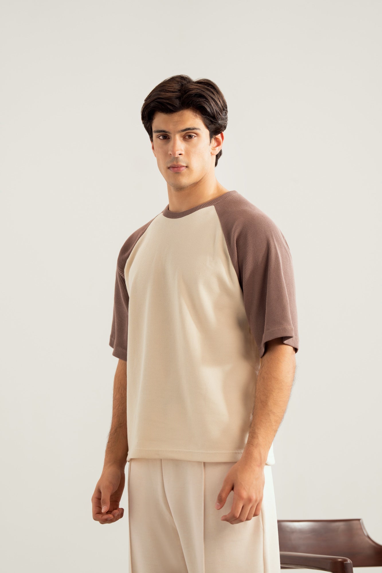 Dull Nude & Off White Waffle Knit Oversized Tee - Men