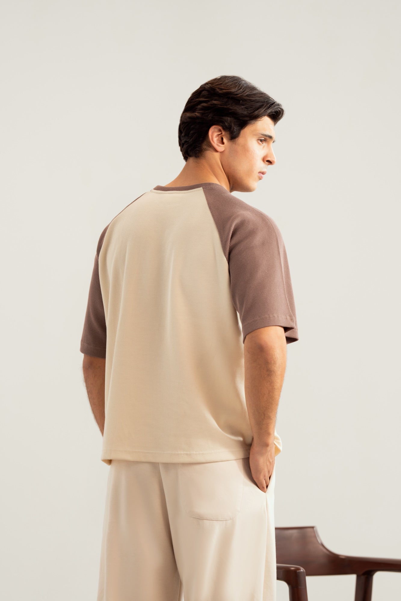 Dull Nude & Off White Waffle Knit Oversized Tee - Men